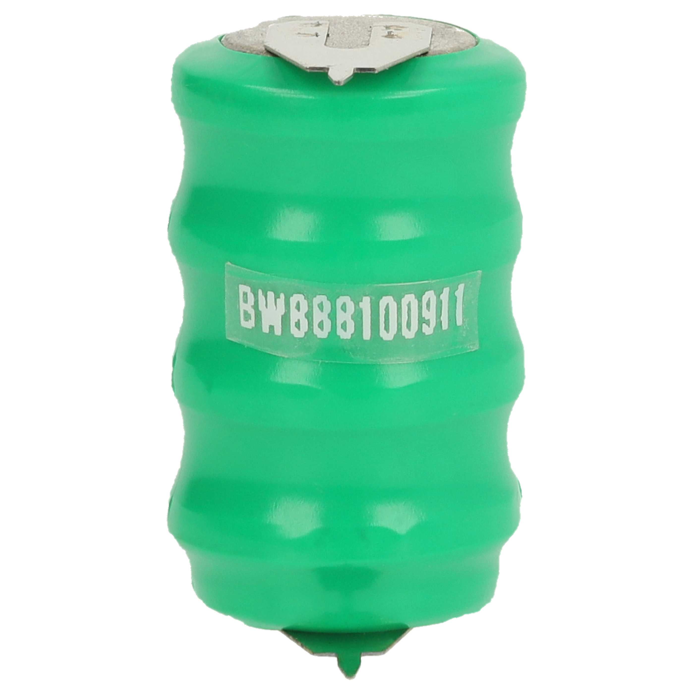 Eine grüne zylindrische Batterie mit silbernem Deckel. Auf der Seite steht 'BW888100911'. Weißer Hintergrund.