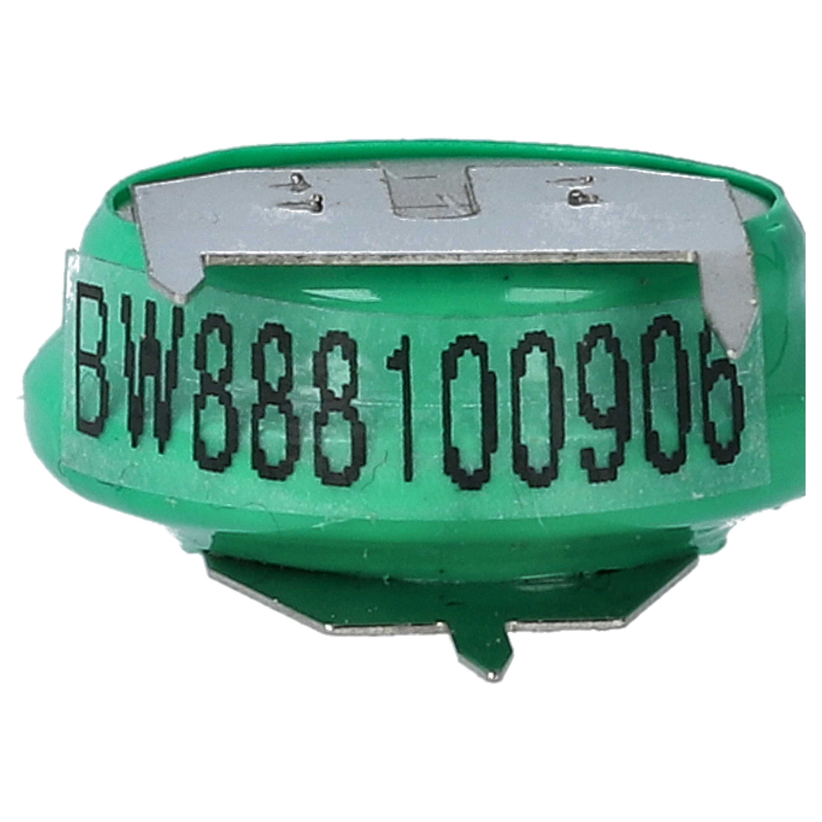 Eine grüne Batteriezelle mit silberner Metalllasche. Der Text 'BW888100906' ist aufgedruckt.