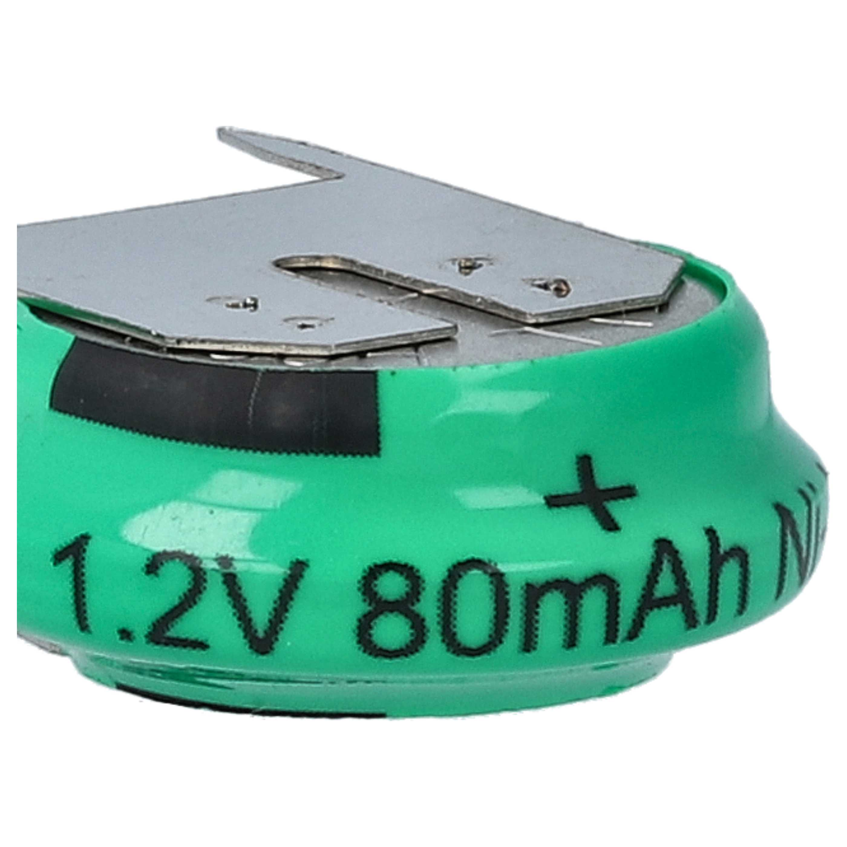 Eine grüne Batterie mit Metalloberteil. Sie hat die Aufschrift 1,2 V 80 mAh und ein Pluszeichen. Der Hintergrund ist weiß.