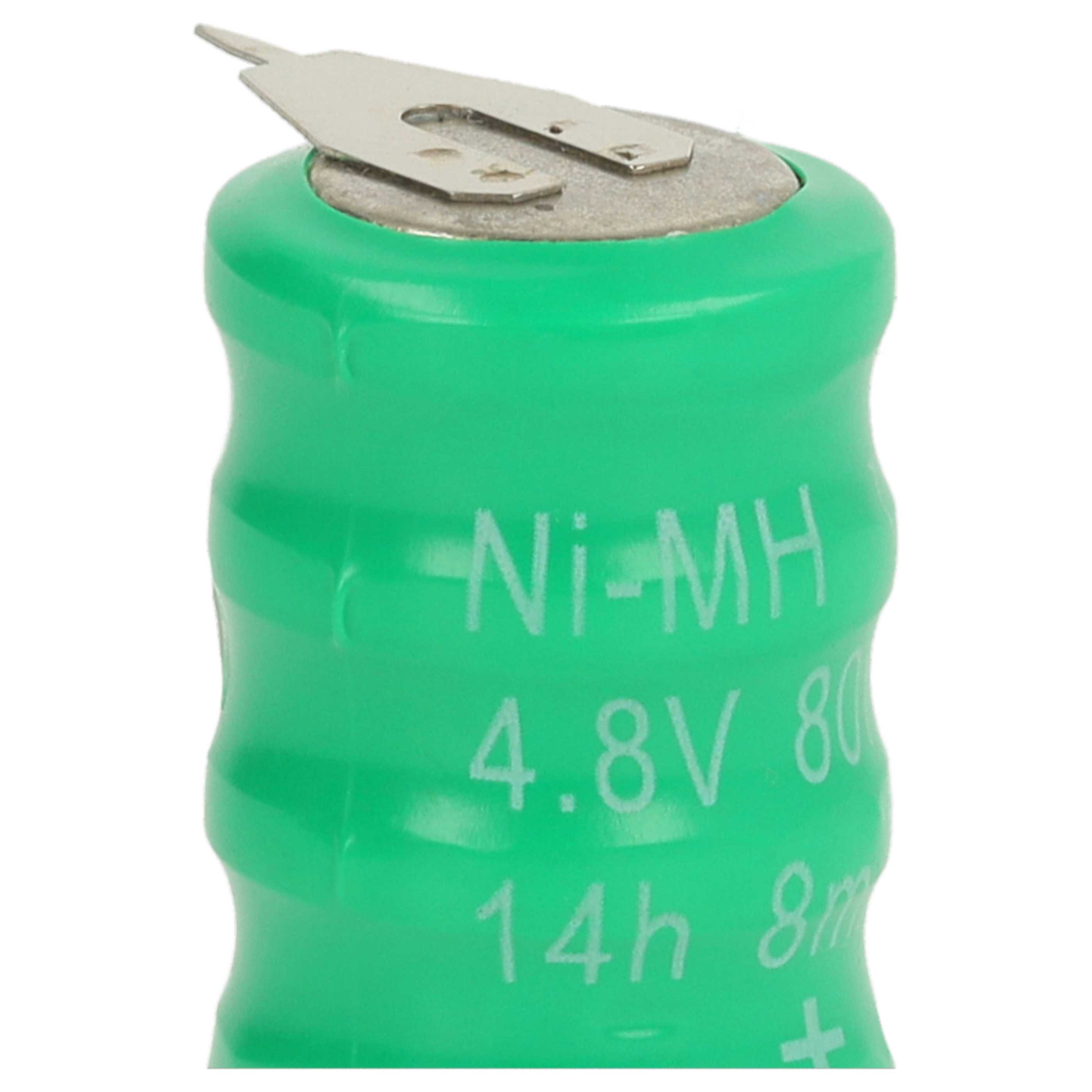 Eine grüne Ni-MH-Batterie mit Metallkontakten oben. Auf der Seite steht 4,8 V, 80 und 14 h 8 m.