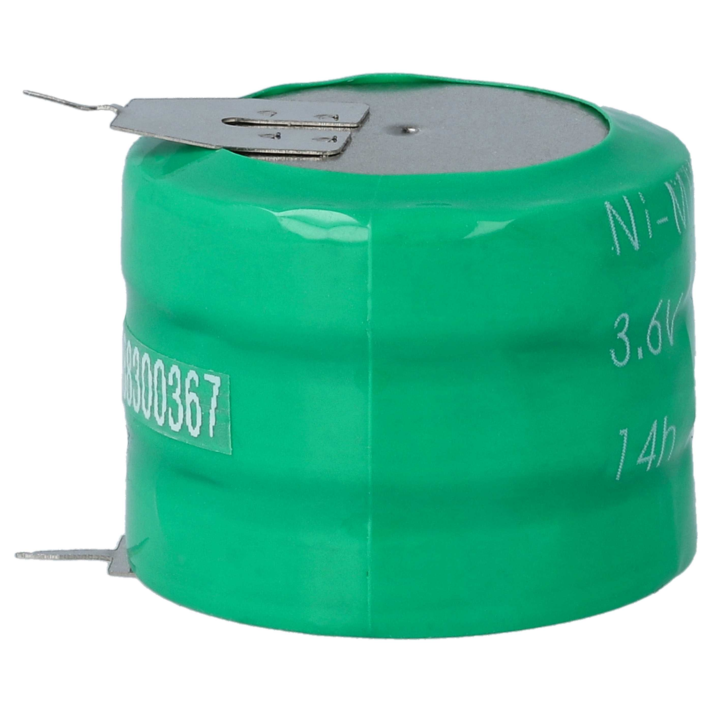 Eine grüne Batteriezelle mit metallischen Anschlüssen und einem silbernen Deckel. Text auf der Seite zeigt Spannung und Kapazität an.