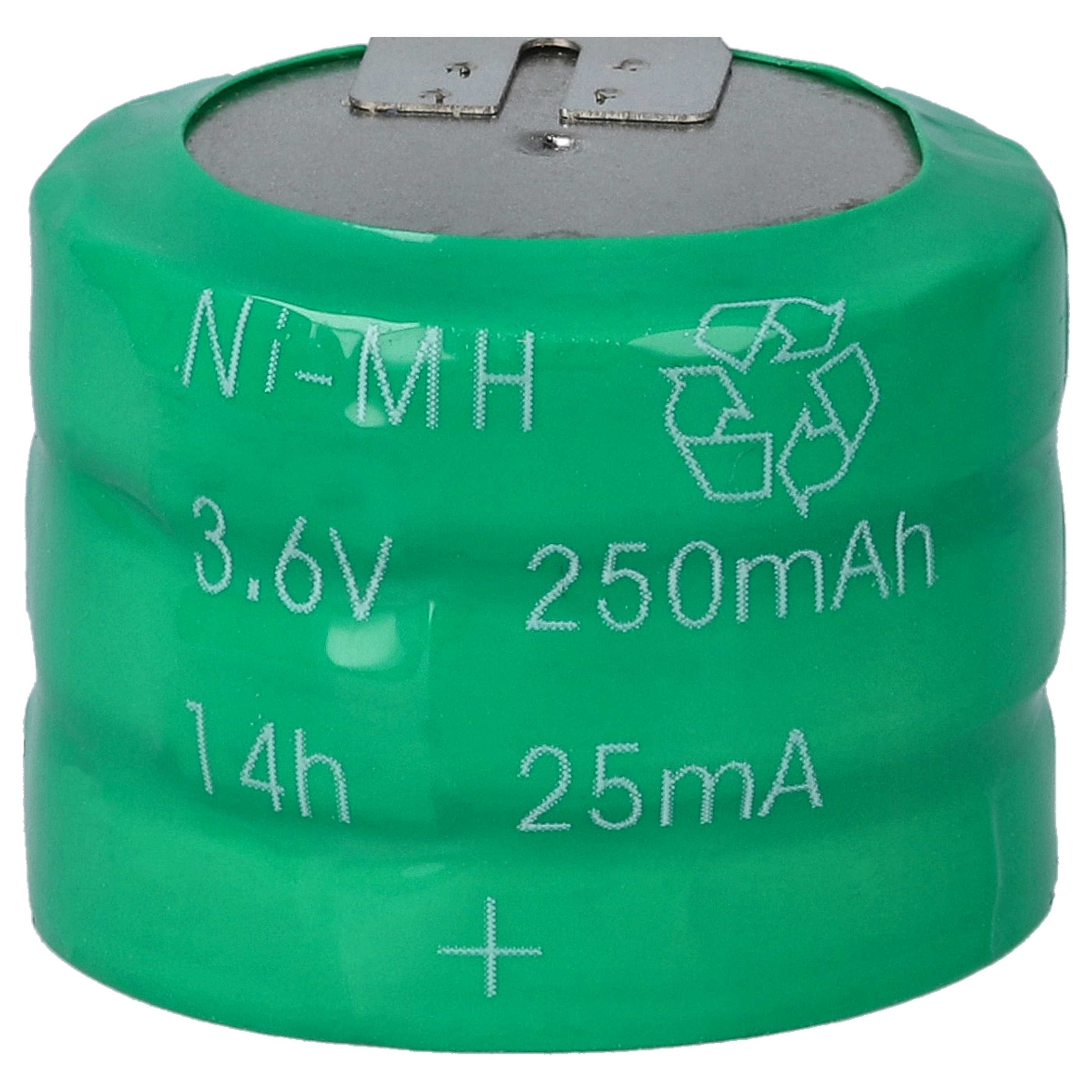 Eine grüne Ni-MH-Batteriezelle mit aufgedruckten Spezifikationen. Sie hat eine silberne Oberseite mit zwei Metalllaschen.