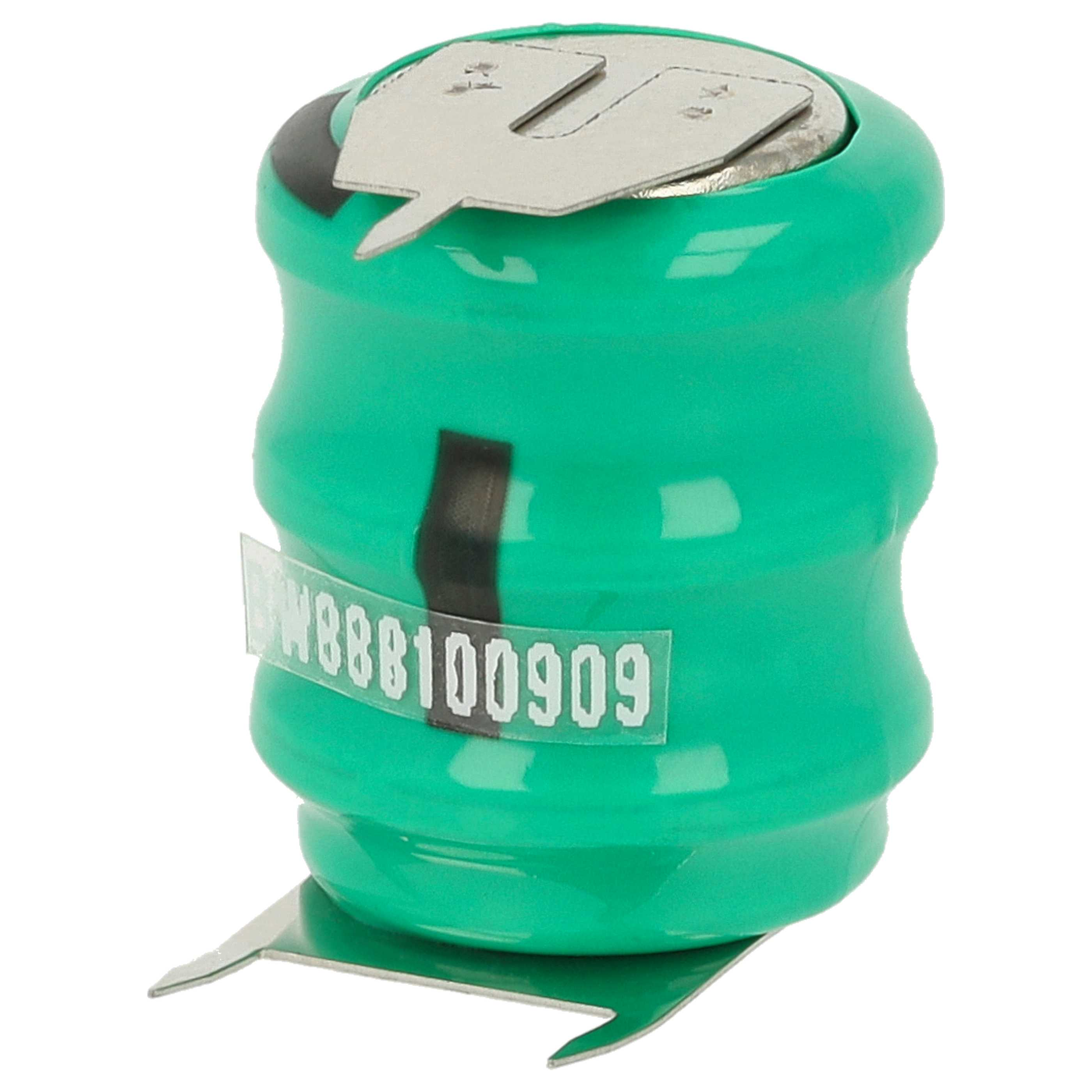 Eine grüne Batteriezelle mit silbernem Deckel und Etikett mit weißen Zahlen. Sie hat eine Metallzunge.