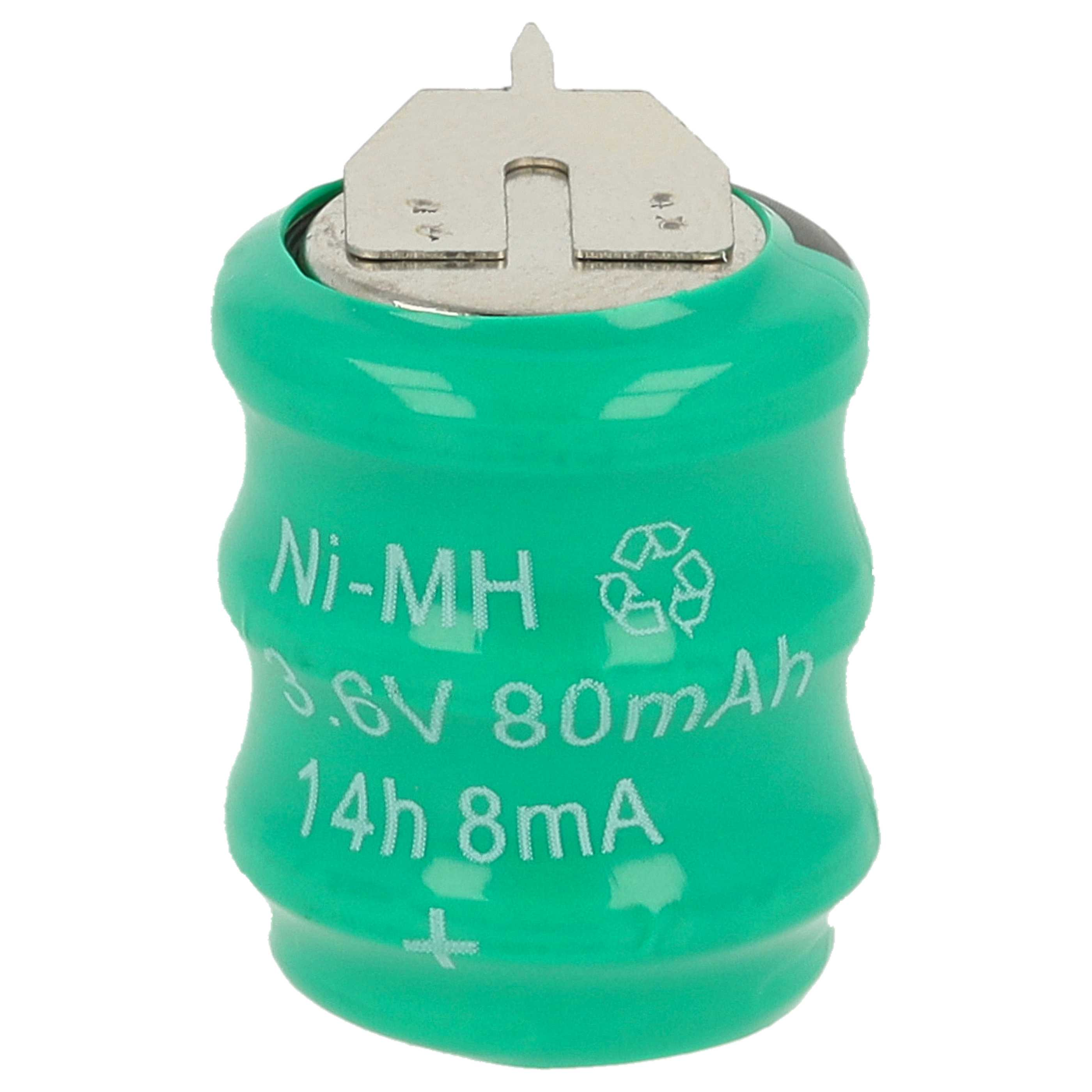 Grüne Ni-MH-Batterie mit silberner Oberseite. Sie hat Text mit Angaben zu Spannung und Kapazität. Isoliert vor weißem Hintergrund.