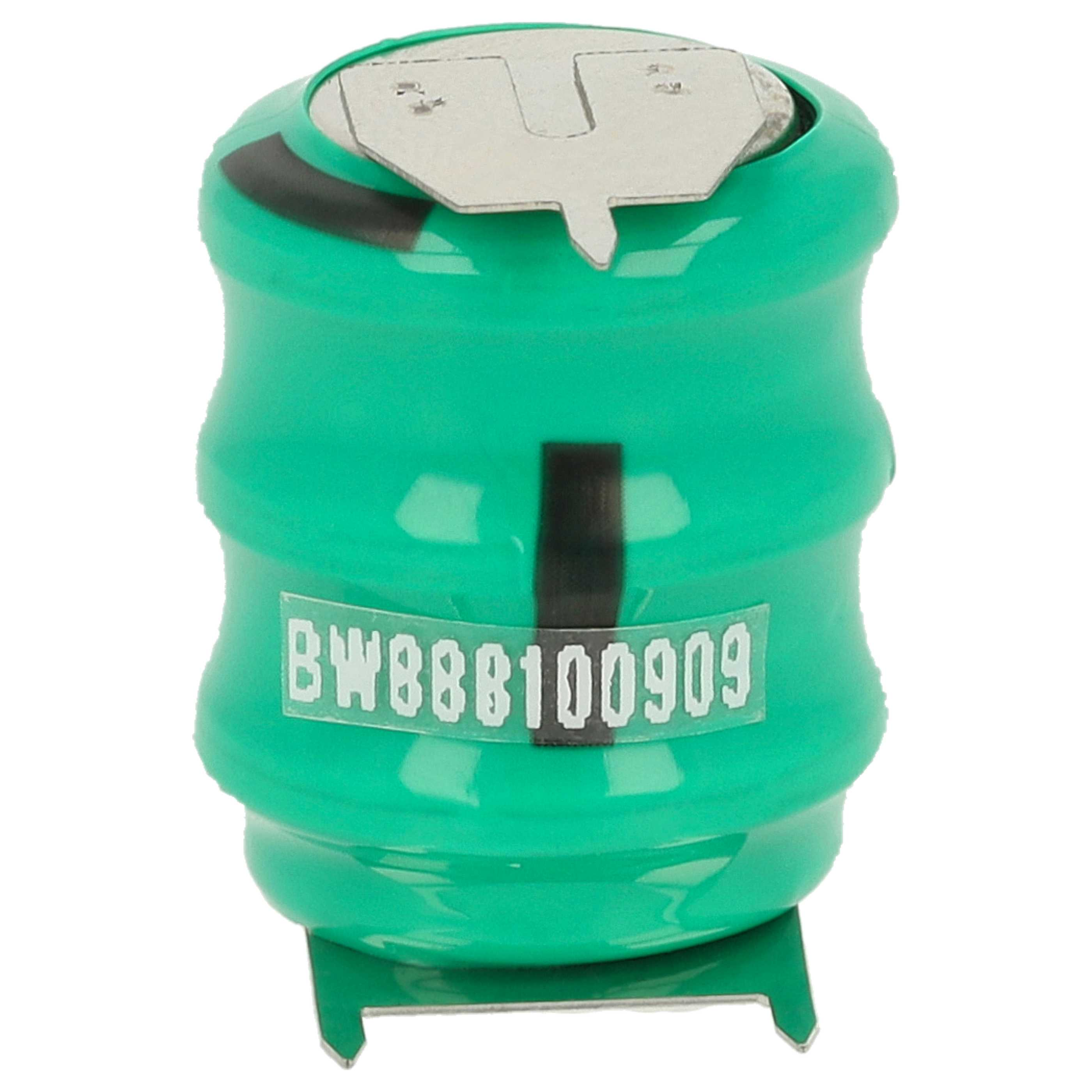 Eine grüne Batterie mit silberner Oberseite und einem Etikett mit der Aufschrift BW888100909.