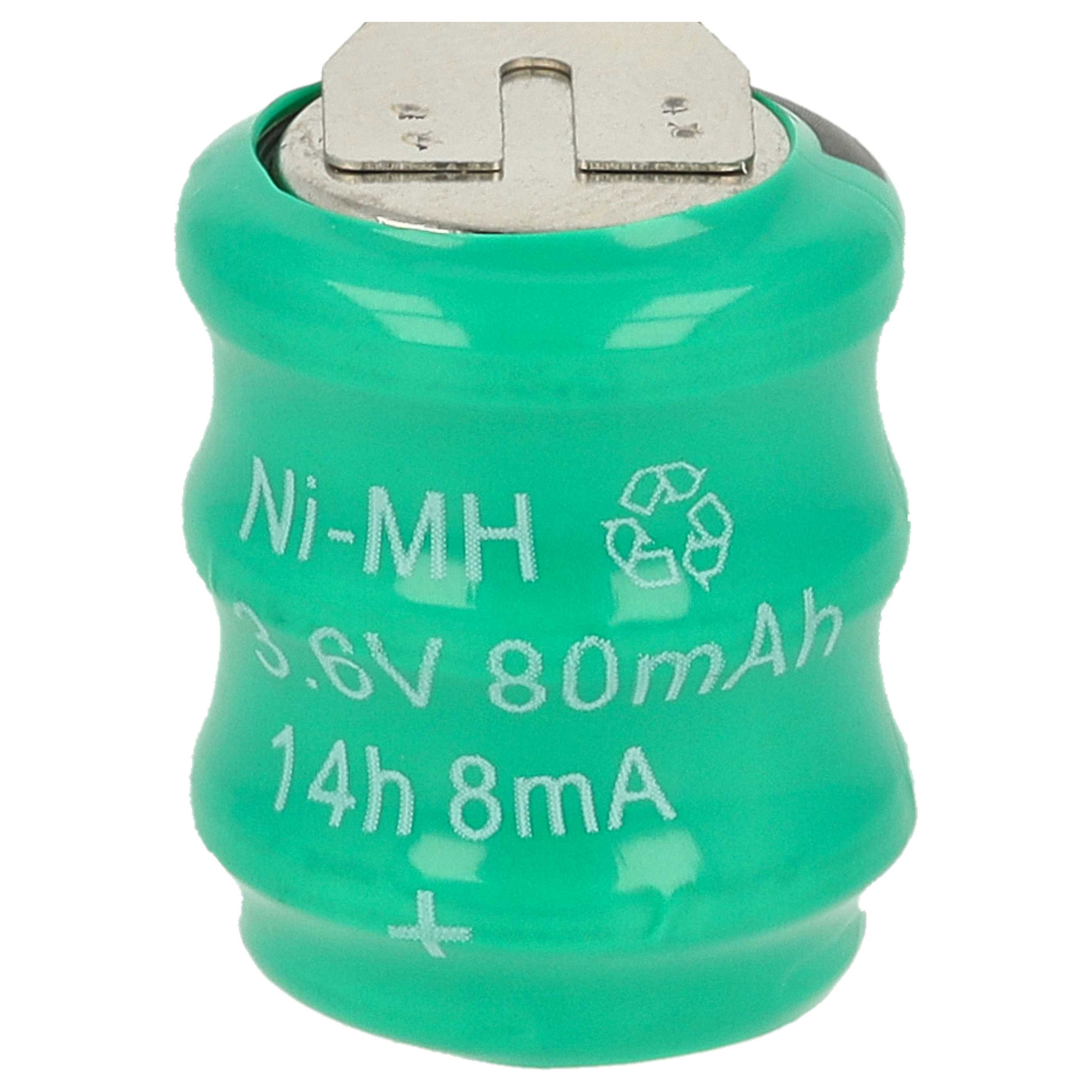 Eine grüne Ni-MH-Batterie mit Text: 3,6 V 80 mAh, 14h 8 mA und einem Recyclingsymbol. Die Oberseite ist silberfarben.