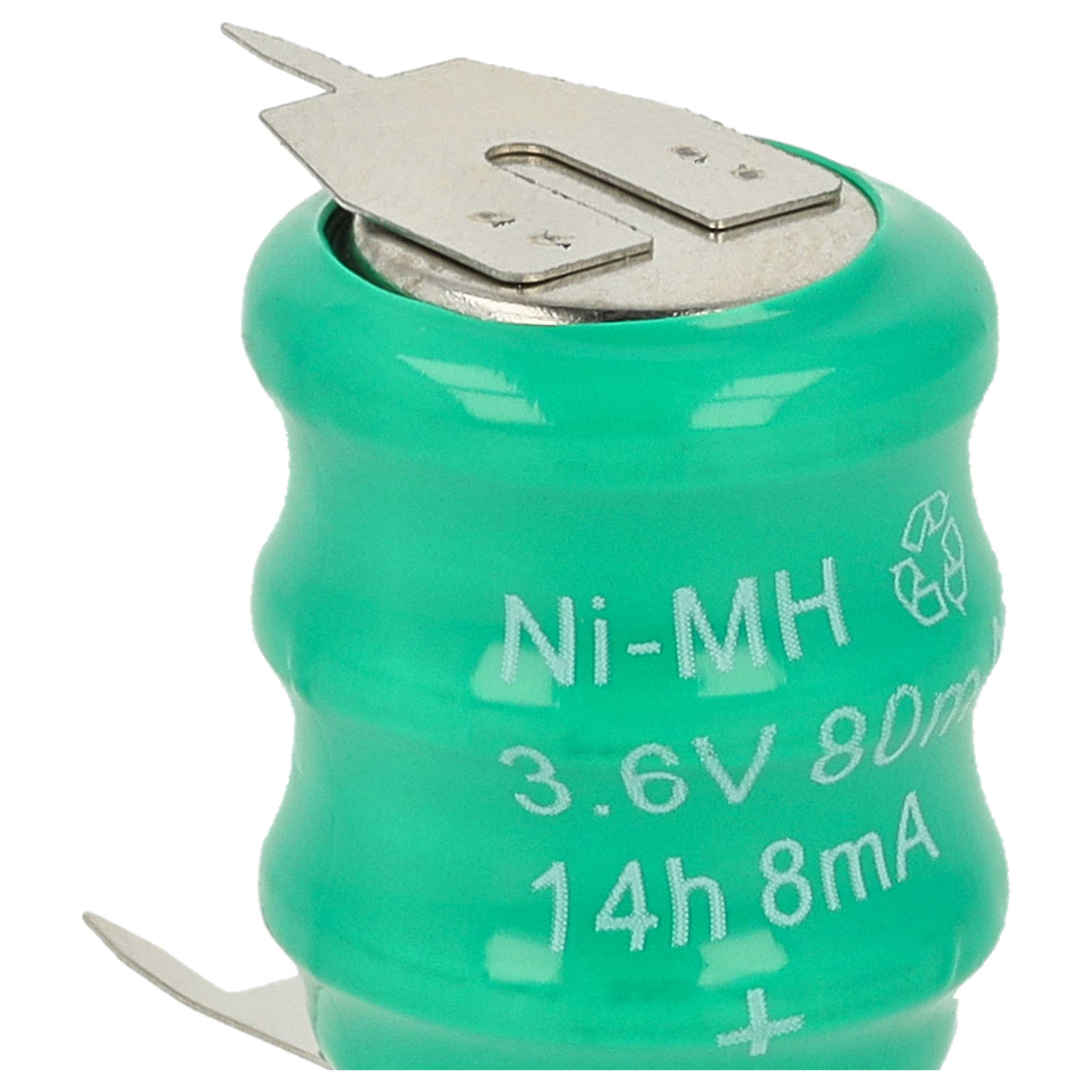 Eine grüne Akku-Batterie mit Metallkontakt. Text zeigt Ni-MH, 3,6 V, 80 mAh, 14 h 8 mA. Recycling-Symbol vorhanden.