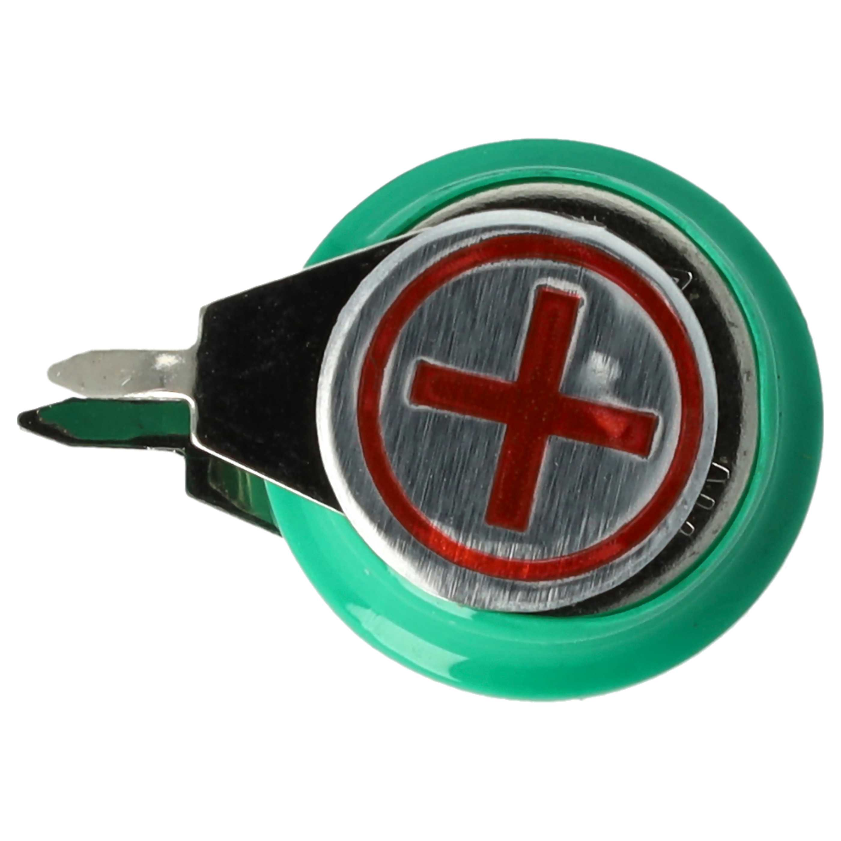 Eine Knopfzellenbatterie mit einem roten Pluszeichen, einem grünen Ring und einem metallischen Halter. Der Hintergrund ist weiß.