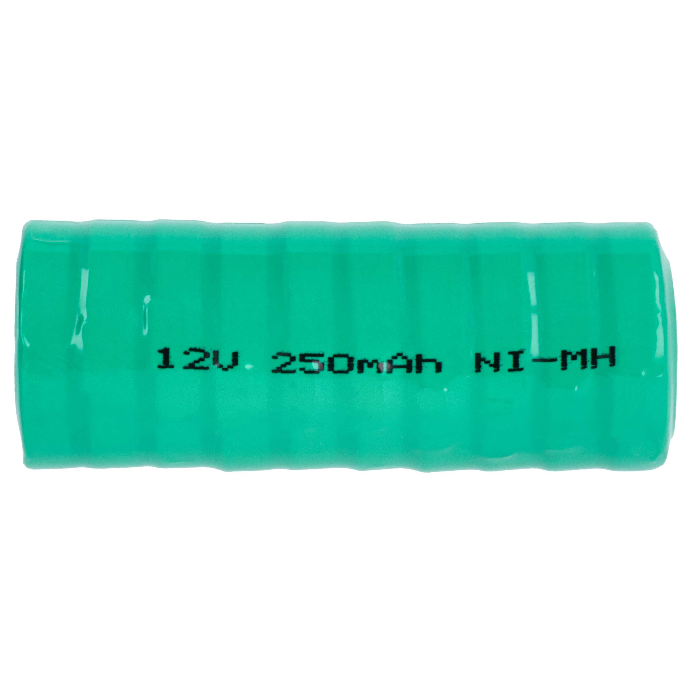 Ein grünes 12V, 250mAh Ni-MH-Akkupack vor weißem Hintergrund. Der Akku ist zylindrisch und mit Text versehen.