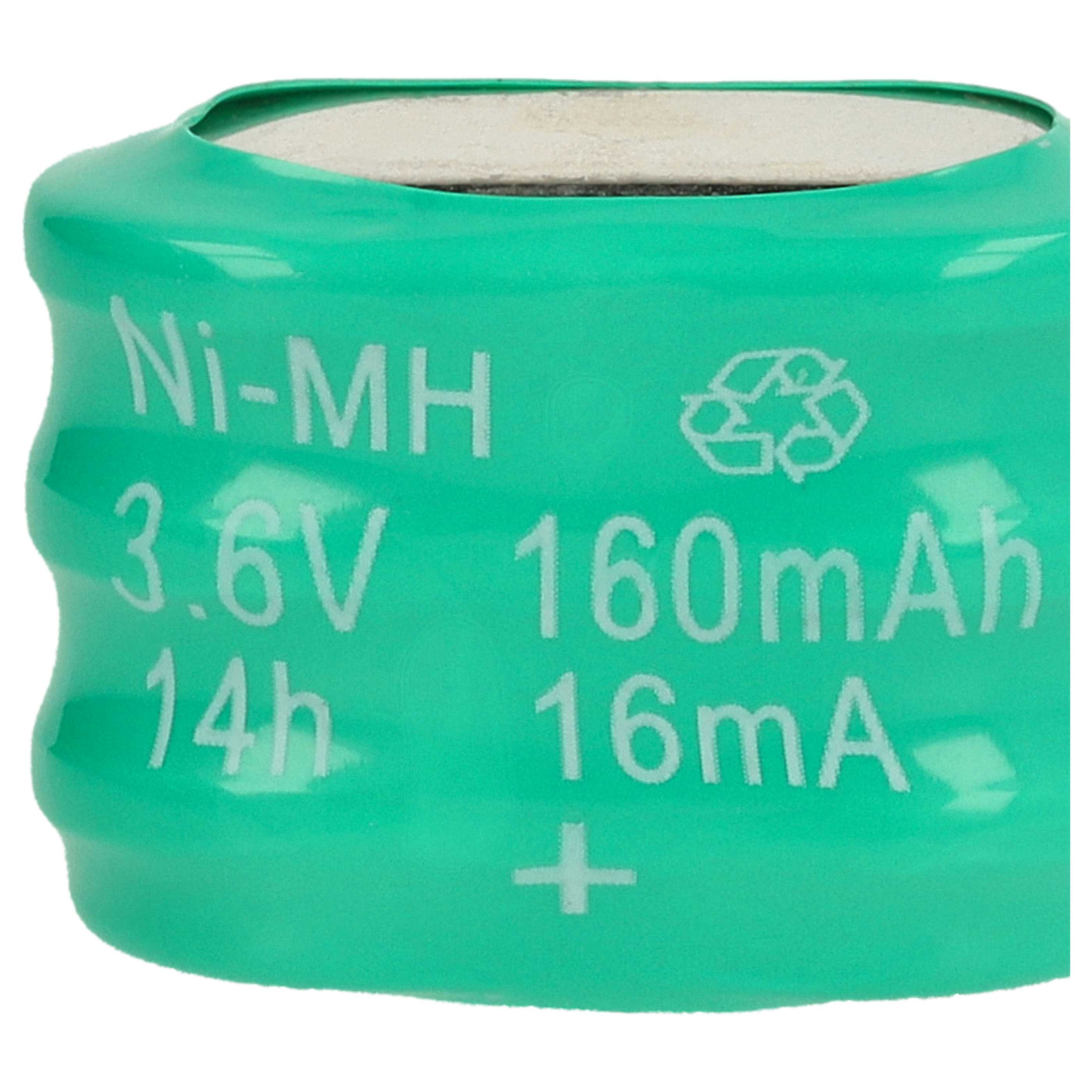 Eine grüne Ni-MH-Batteriezelle mit weißem Text. Sie zeigt Spannung, Kapazität und Recycling-Symbol.
