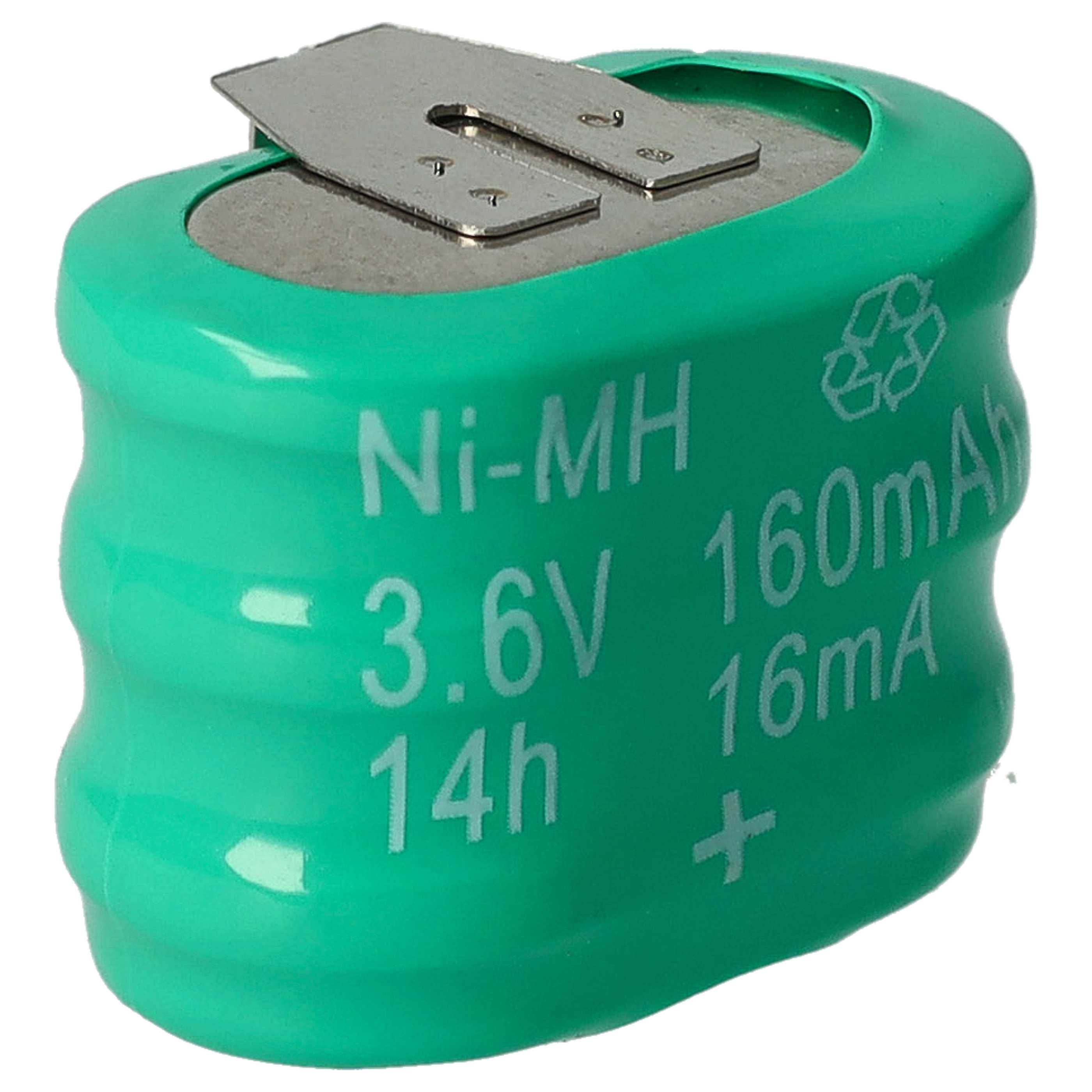 Grüne Ni-MH-Batterie mit Metalloberteil, weißer Text: 3,6 V, 160 mA, 14 h und ein Pluszeichen. Recycling-Logo ebenfalls vorhanden.
