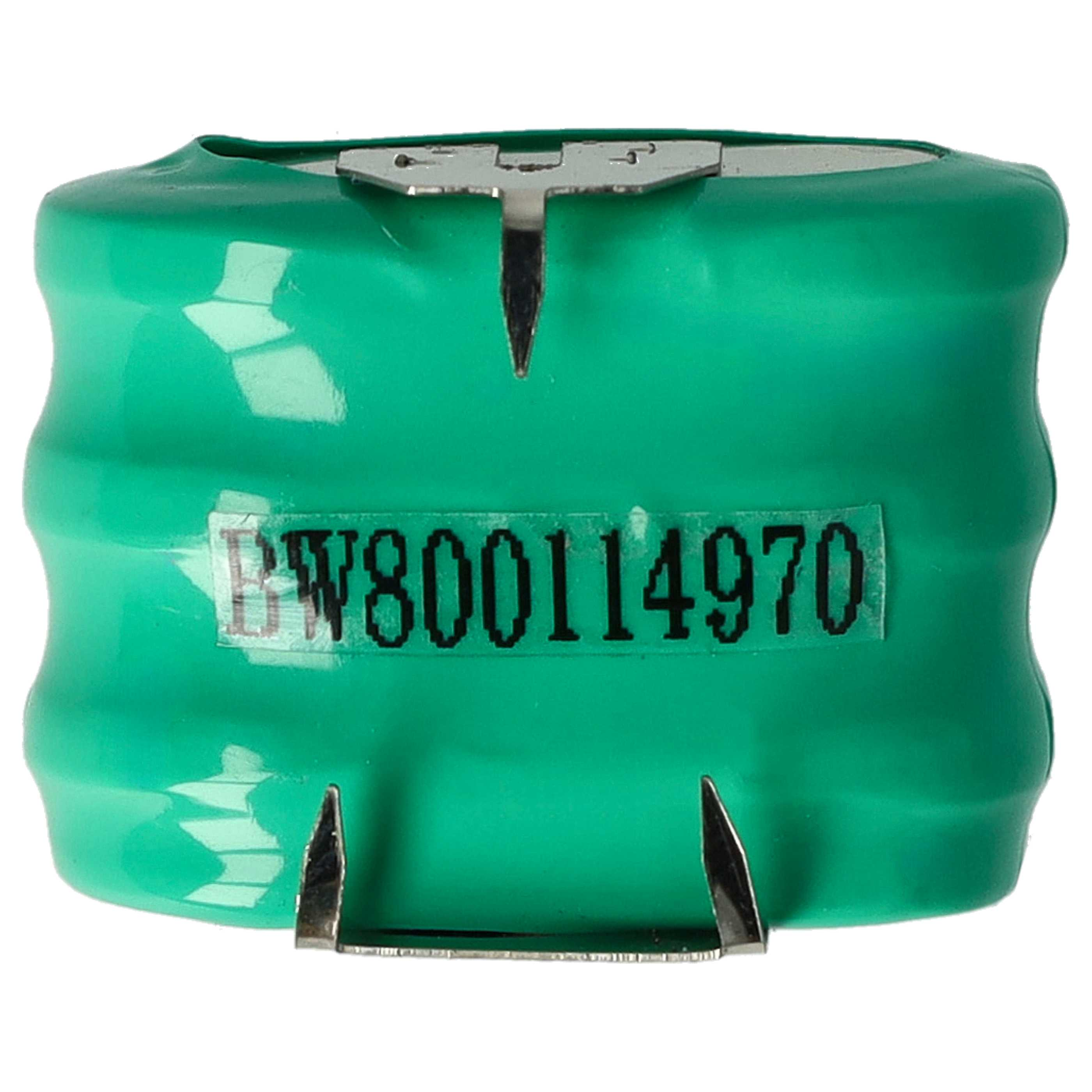 Eine grüne zylindrische Batterie mit einem silbernen Metallstreifen. Die Batterie hat einen Aufkleber mit dem Text 'BW800114970'.