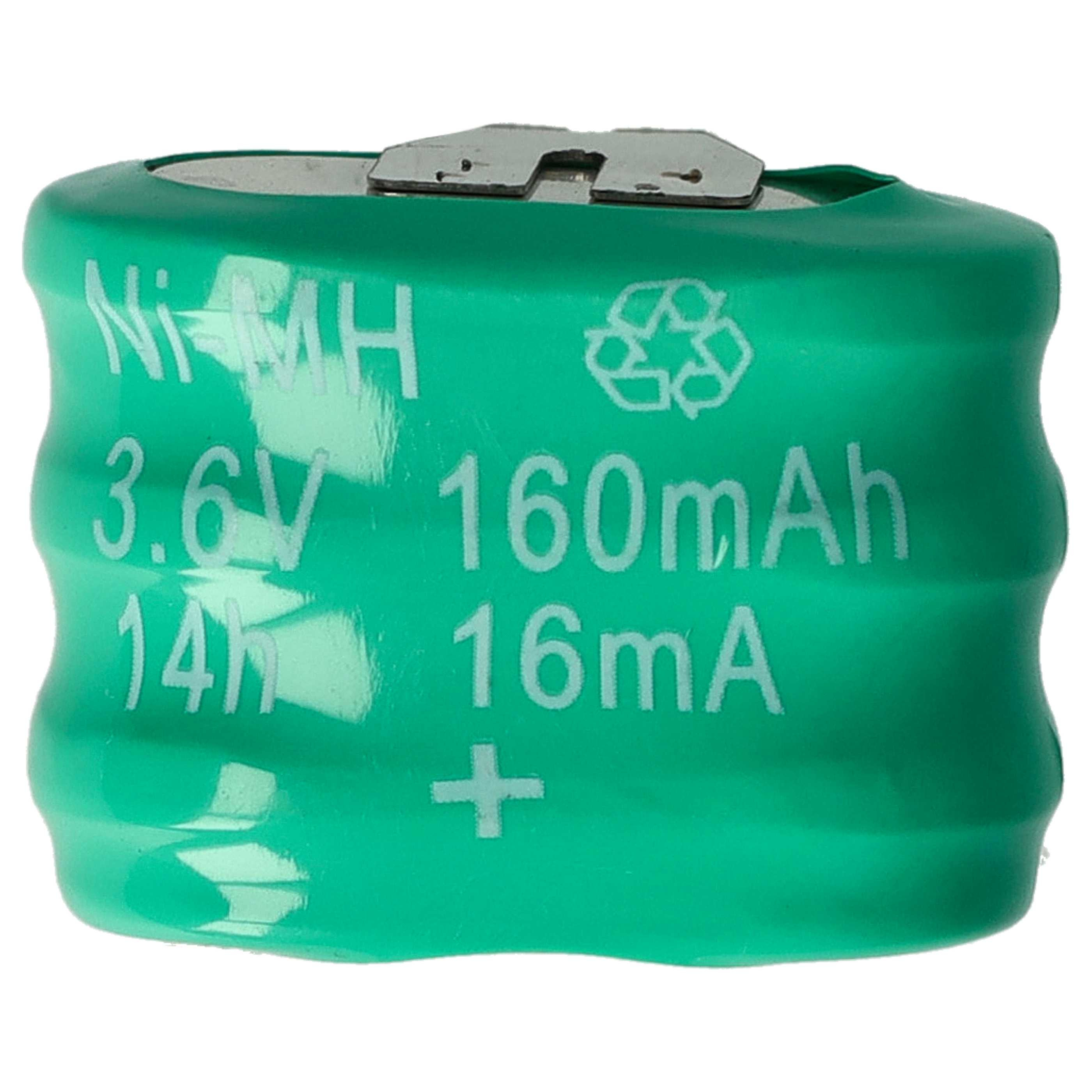 Eine grüne zylindrische Batterie mit weißem Text, der Spannung, Kapazität und Stromstärke angibt. Sie hat eine Metalloberseite.