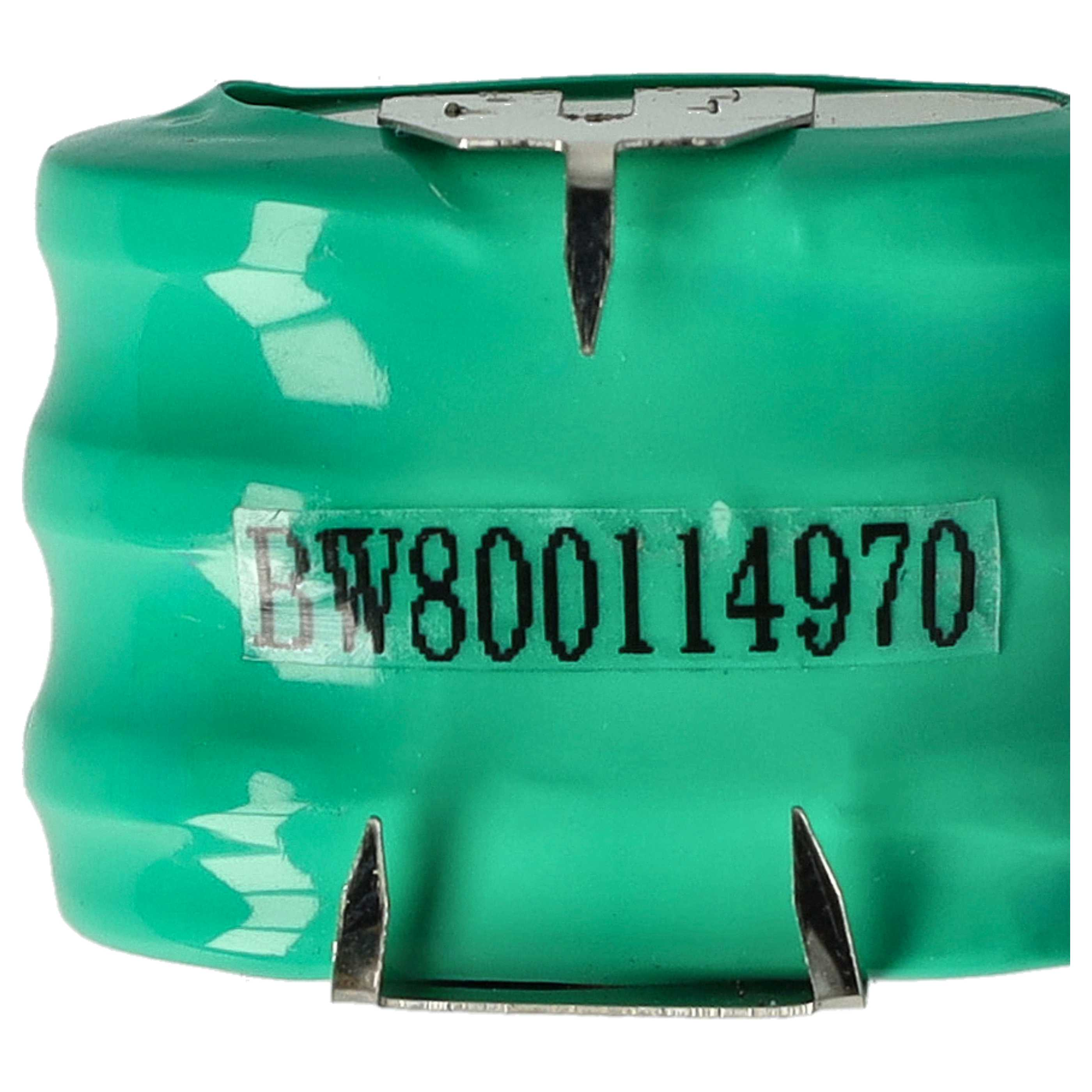Nahaufnahme einer grünen zylindrischen Batterie mit der Aufschrift 'BW800114970'. Metalllaschen sind sichtbar.