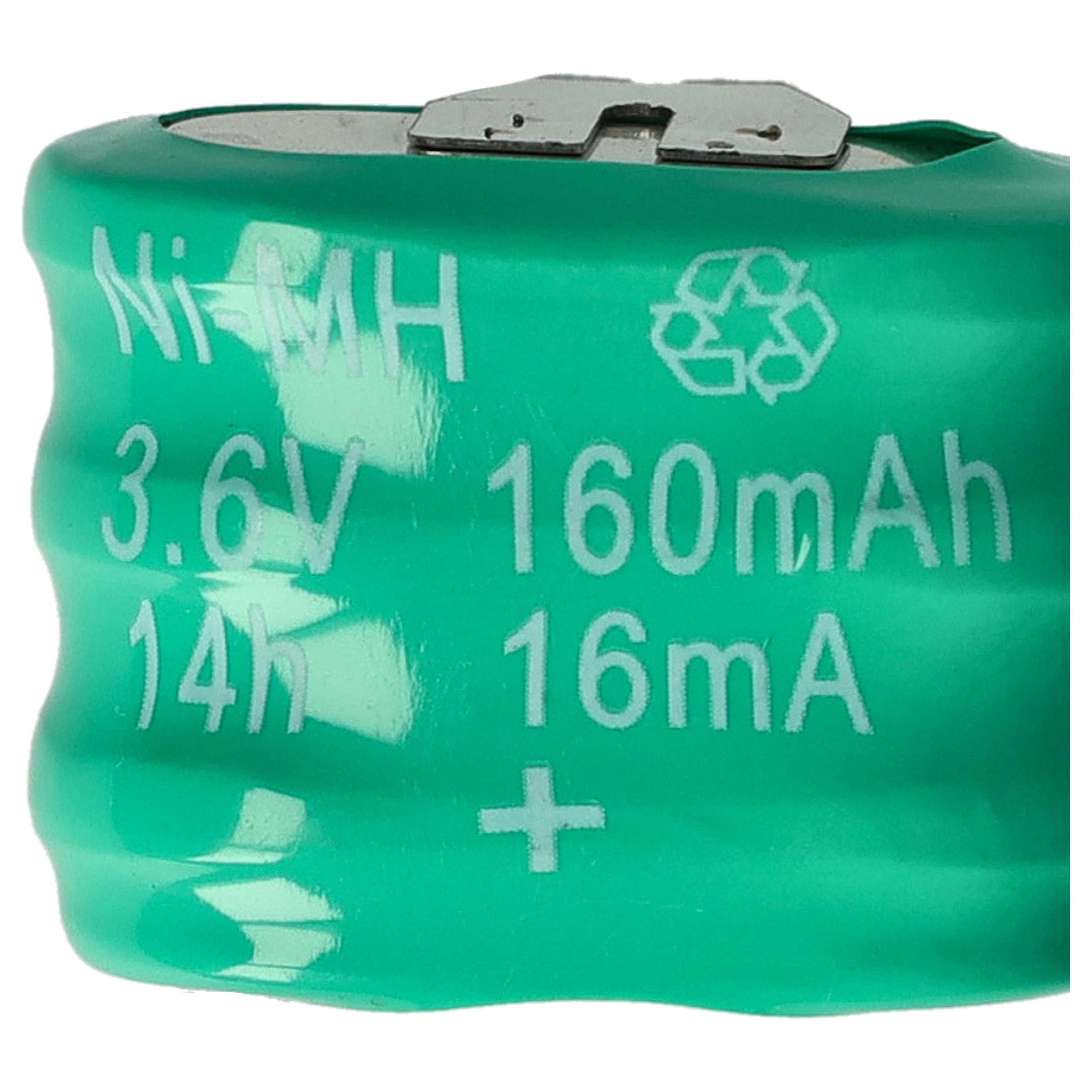 Eine grüne Batterie mit weißem Text: Ni-MH, 3,6 V, 160 mAh, 14 h, 16 mA, Pluszeichen.