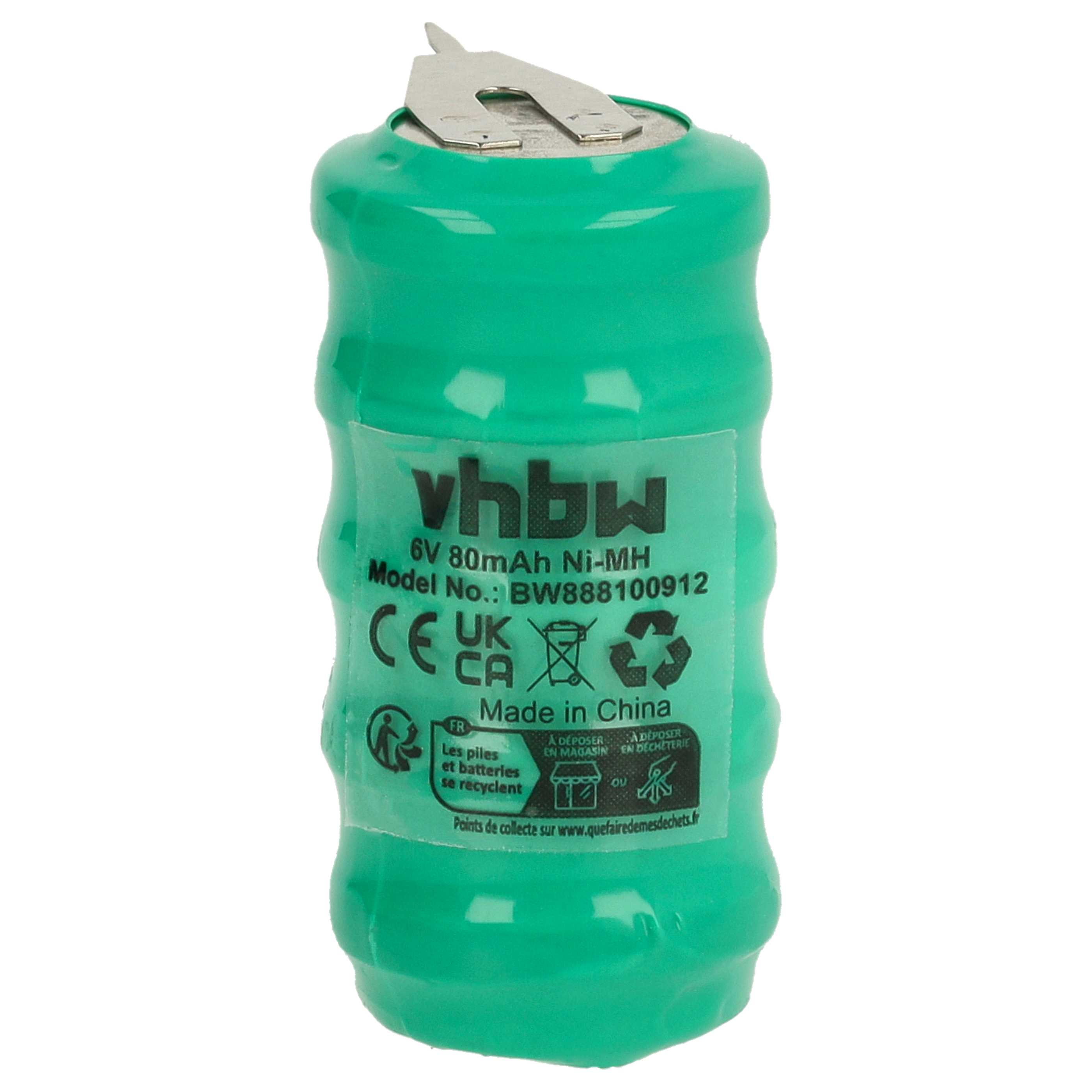 Eine grüne Batterie mit einem Metallaufsatz. Sie trägt den Markennamen 'vhbw' und Recycling-Symbole.
