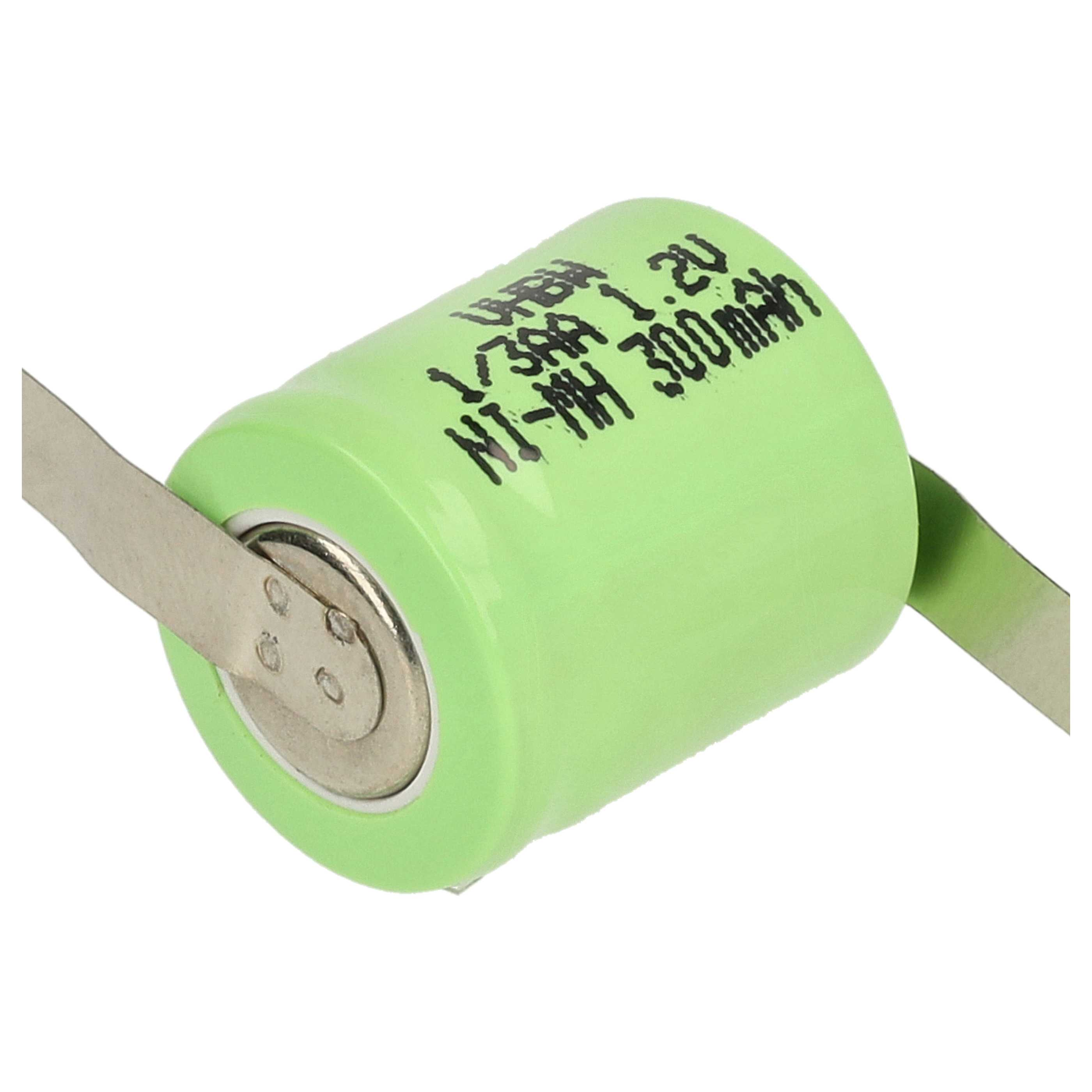 Eine grüne Ni-MH-Batterie mit silbernen Metalllaschen. Auf der Batterie steht: 1/3AA 1,2V Ni-MH 300mAh.