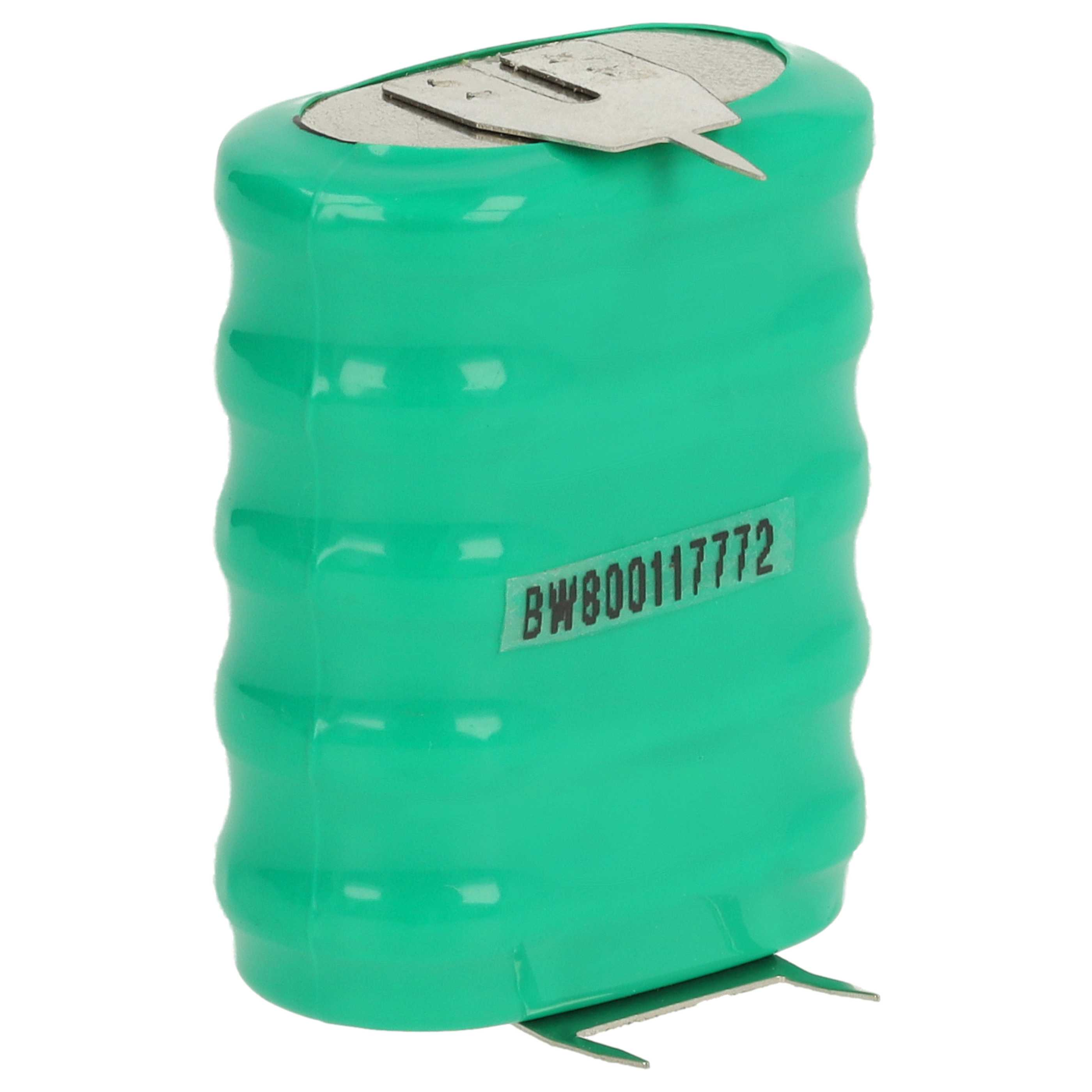 Eine grüne Batterie mit Metalllaschen, der Text "BW800117772" steht darauf. Weißer Hintergrund.