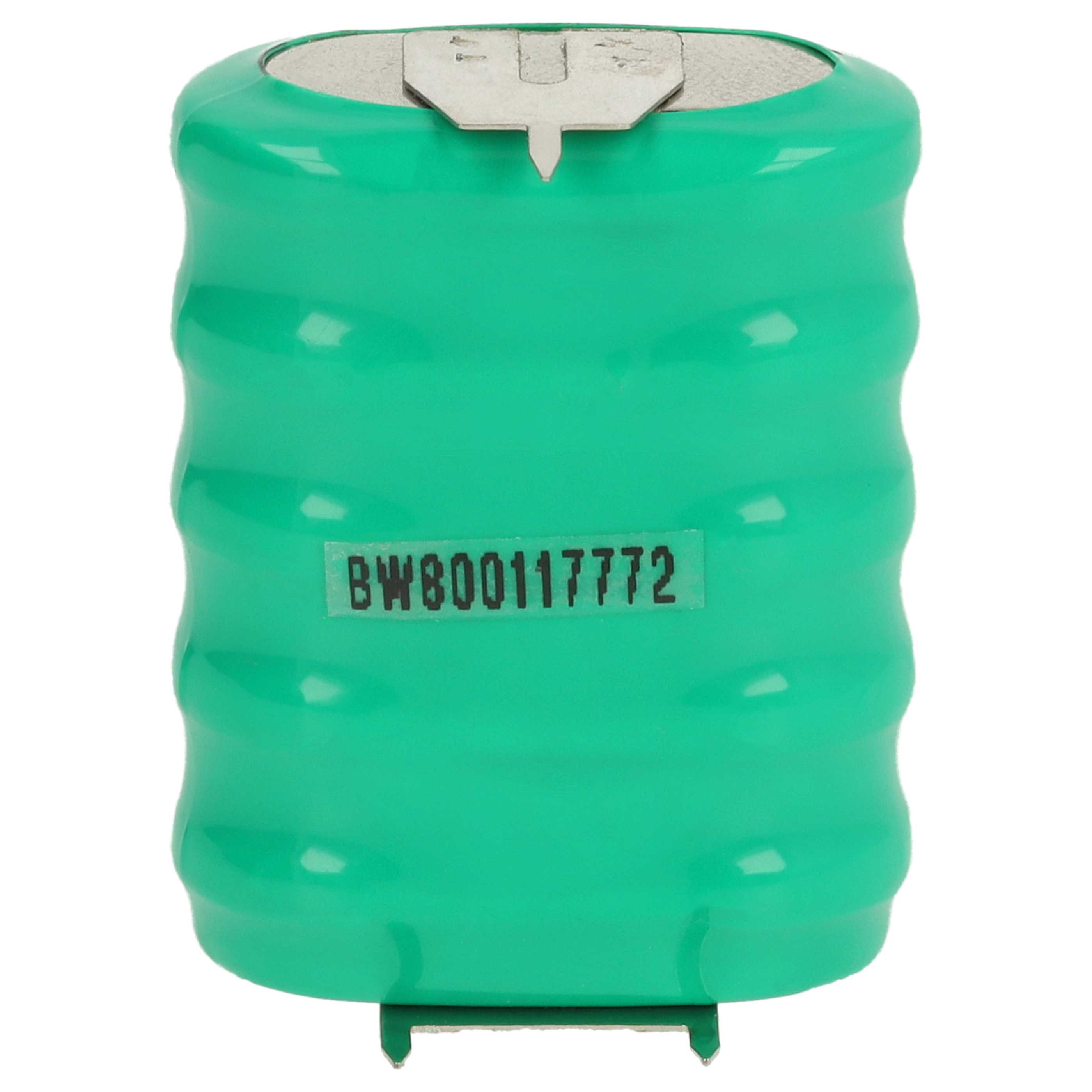 Eine grüne Batteriezelle. Sie hat eine silberne Ober- und Unterseite mit einem Etikett mit der Aufschrift BW80017772.