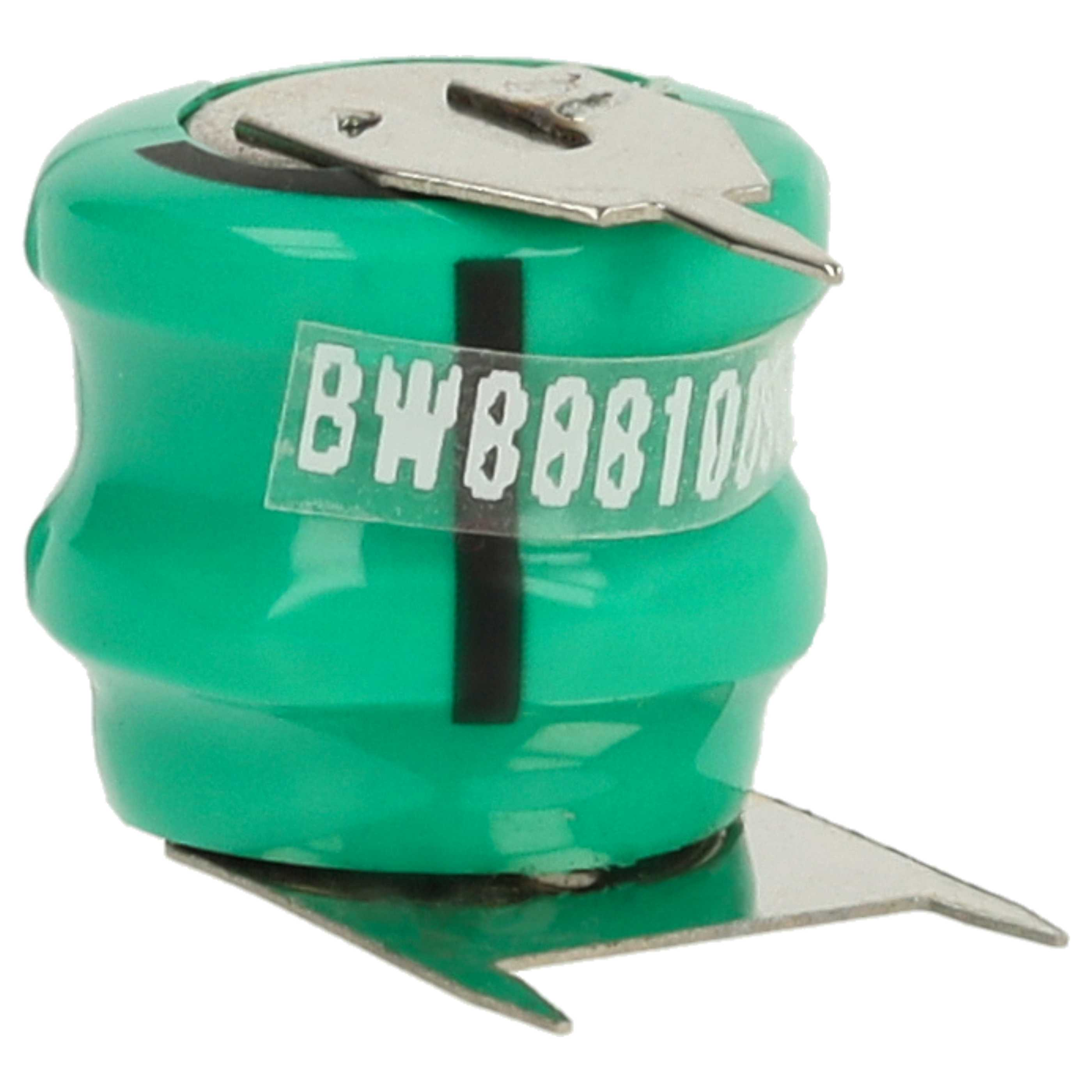 Eine grüne Batterie mit einem silbernen Metallstück oben und unten. Die Batterie hat einen Aufkleber mit dem Text 'BWB8810'.