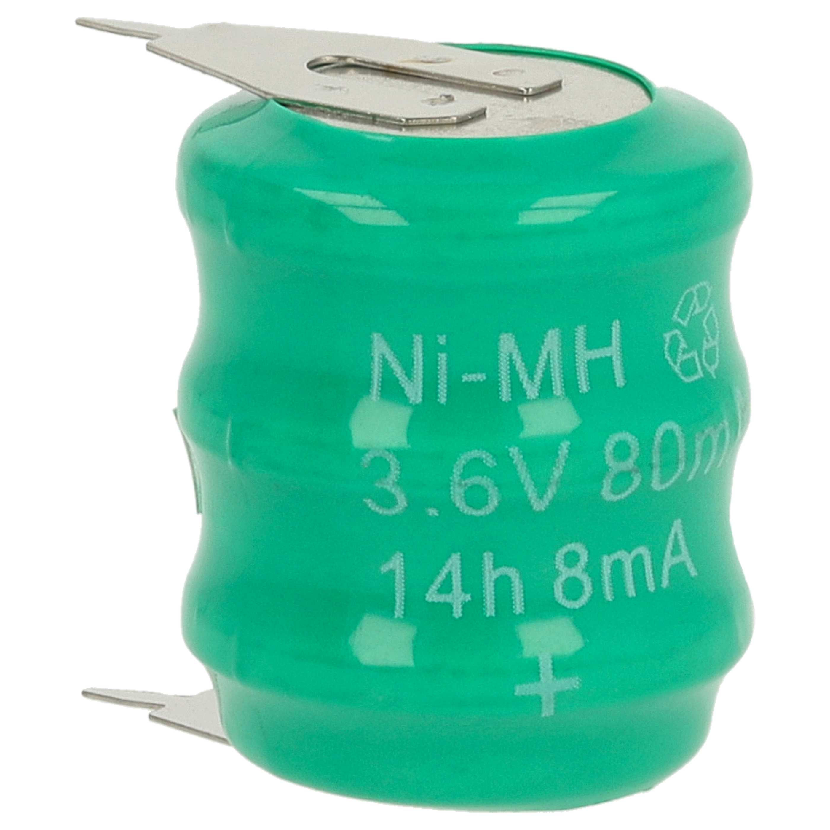 Eine grüne Ni-MH-Batterie. Sie hat Metallfahnen und Text: 3,6 V 80 m, 14 h 8 mA. Recyclingsymbol.