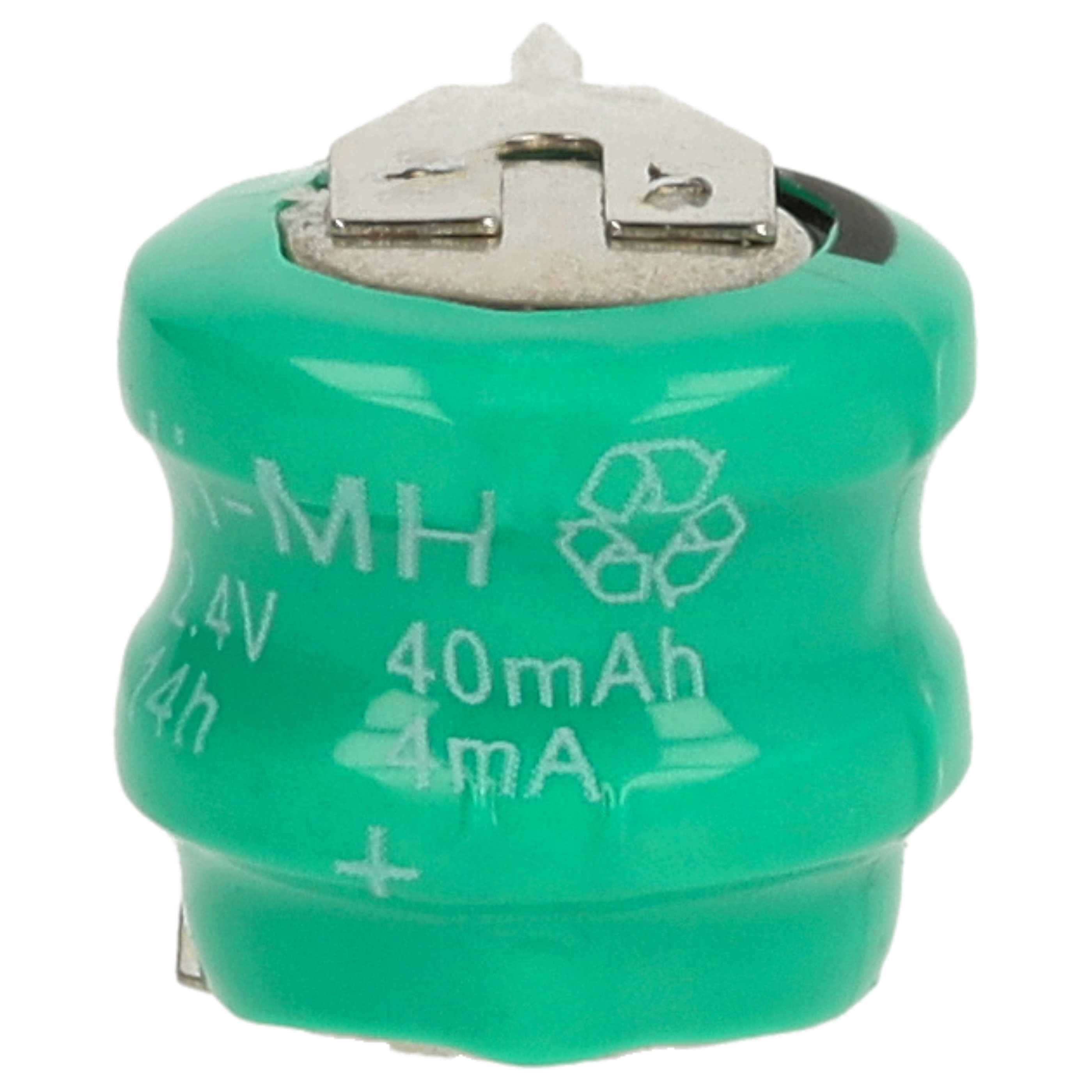 Eine grüne zylindrische Batterie mit einem Metallaufsatz. Sie hat weißen Text, der Spannung, Kapazität und Stromstärke angibt.