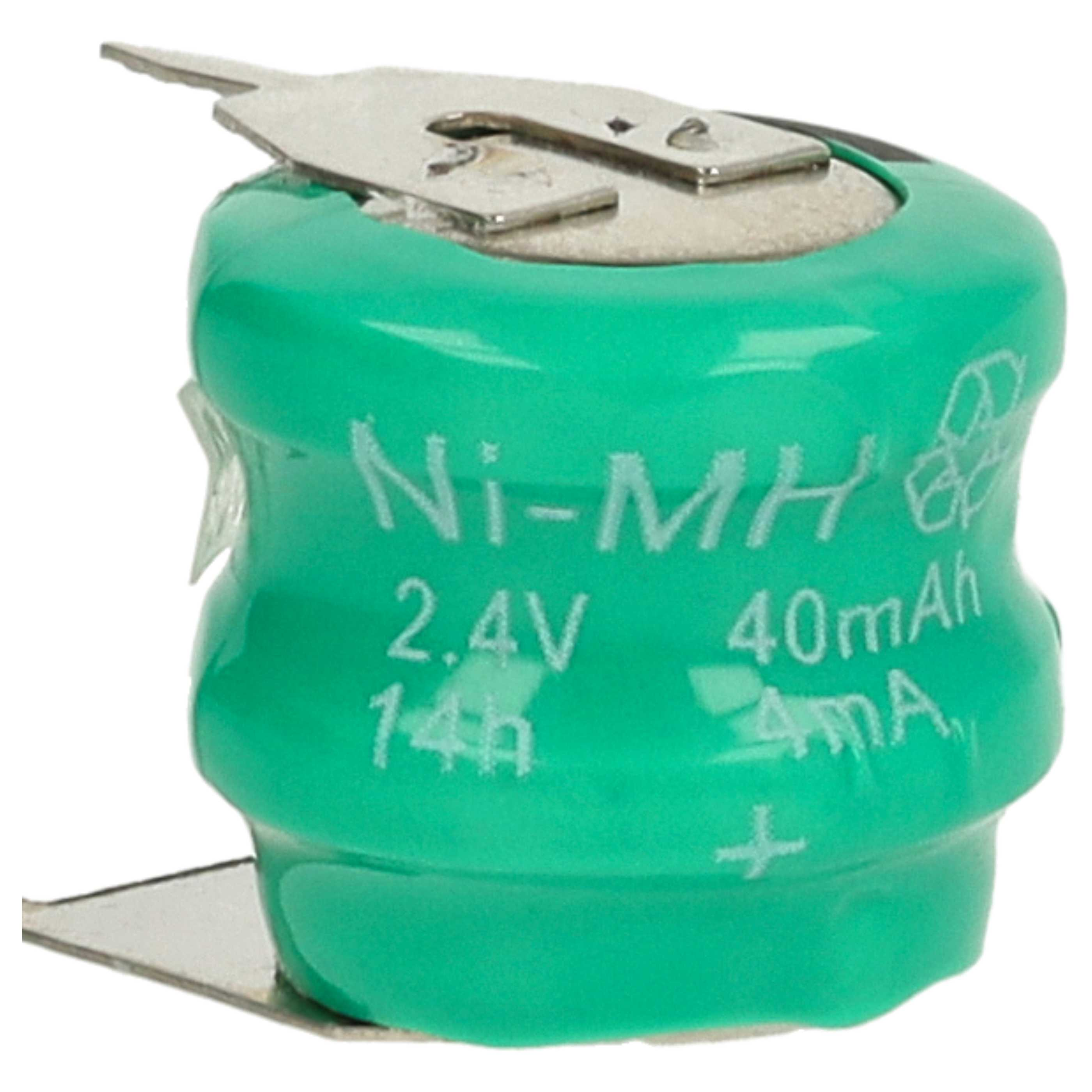 Eine grüne Ni-MH-Batteriezelle mit einer Metalllasche. Auf der Batterie steht: Ni-MH, 2,4 V, 40 mAh und 4 mA.