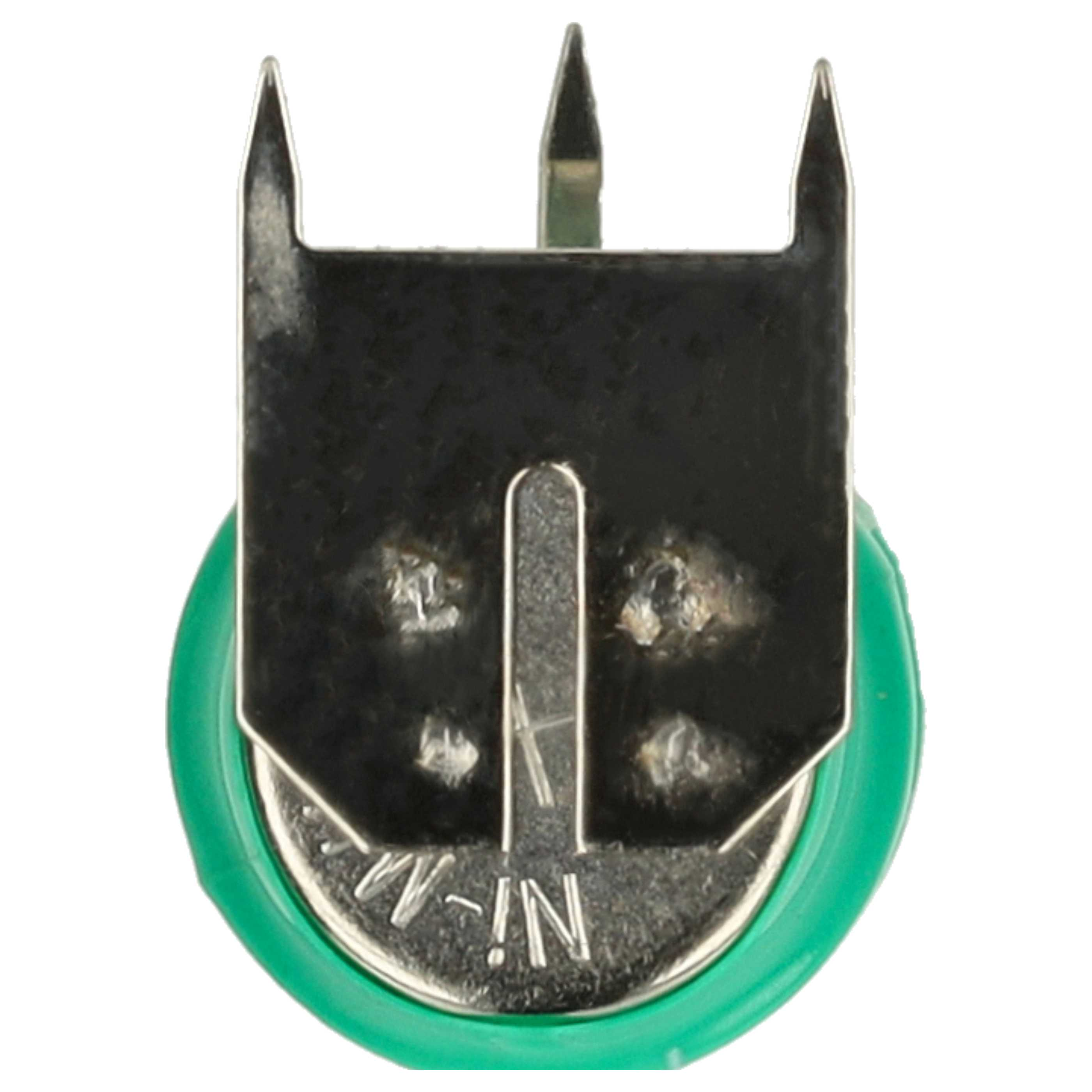 Nahaufnahme einer Batteriekomponente. Sie hat eine grüne Basis und eine schwarze Metalloberseite mit einem zentralen Stift.