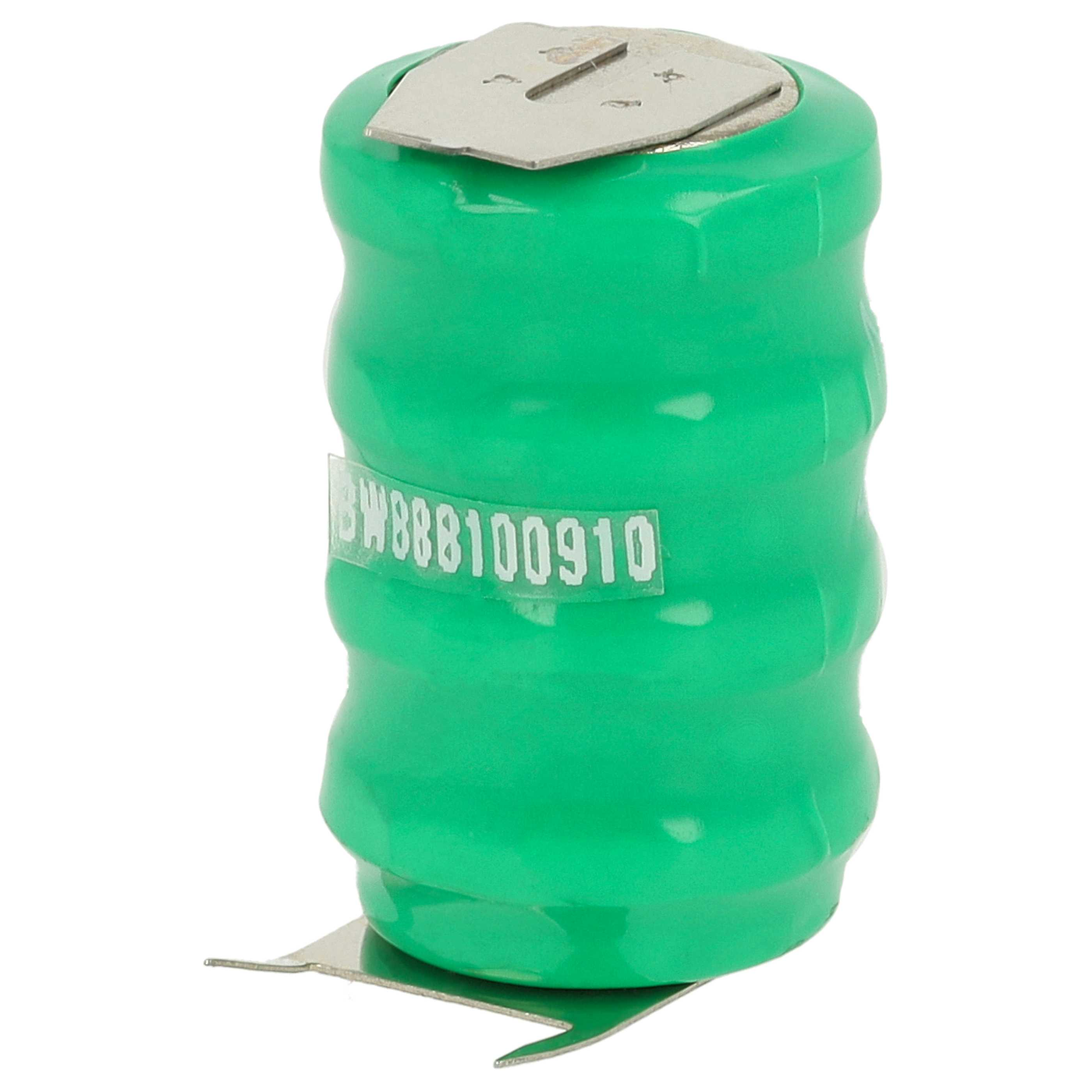 Eine grüne Batterie mit Metallteilen. Sie hat ein Etikett mit der Nummer 888100910. Der Hintergrund ist weiß.