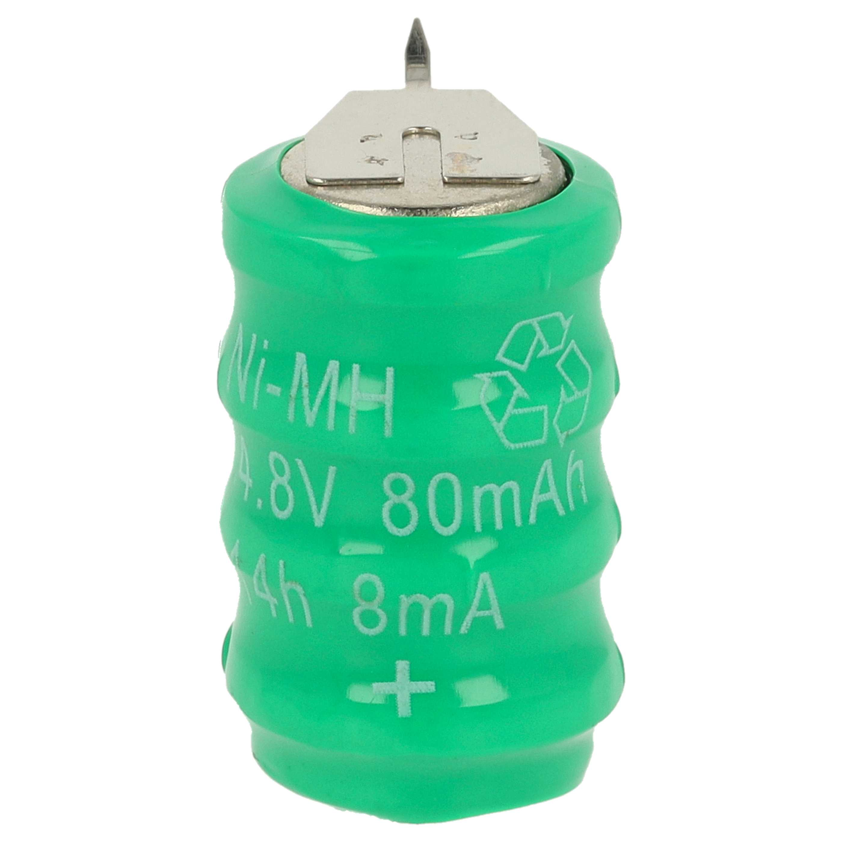 Eine grüne Ni-MH-Batterie mit Text, der 4,8 V, 80 mAh und ein Recyclingsymbol angibt. Sie hat eine Metalloberseite mit einem Kontakt.