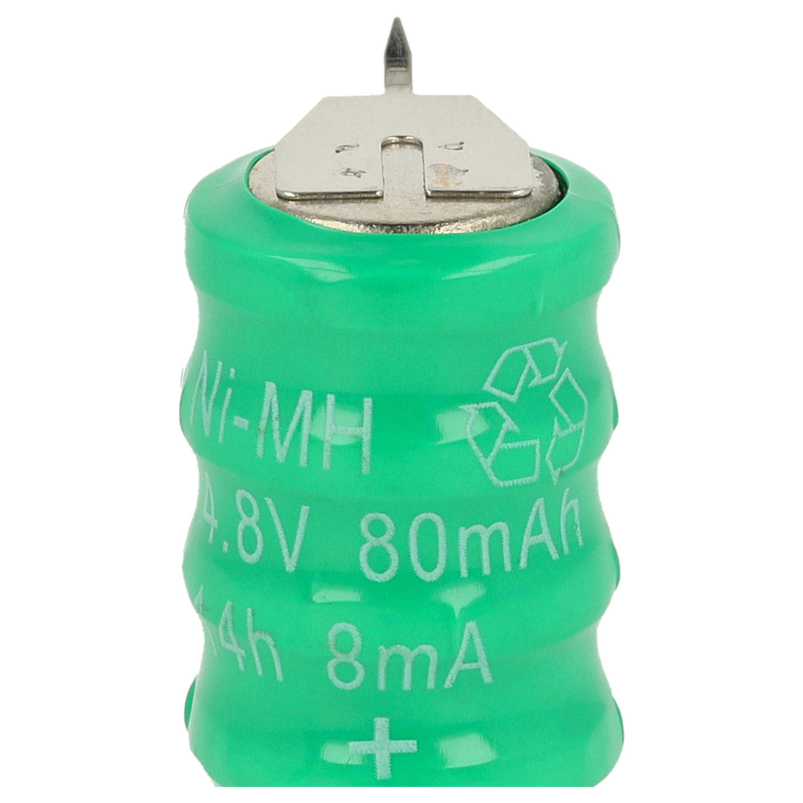 Eine grüne Ni-MH-Batterie mit einem Metallaufsatz und einem Pluszeichen. Sie hat Text, der Spannung und Kapazität angibt.