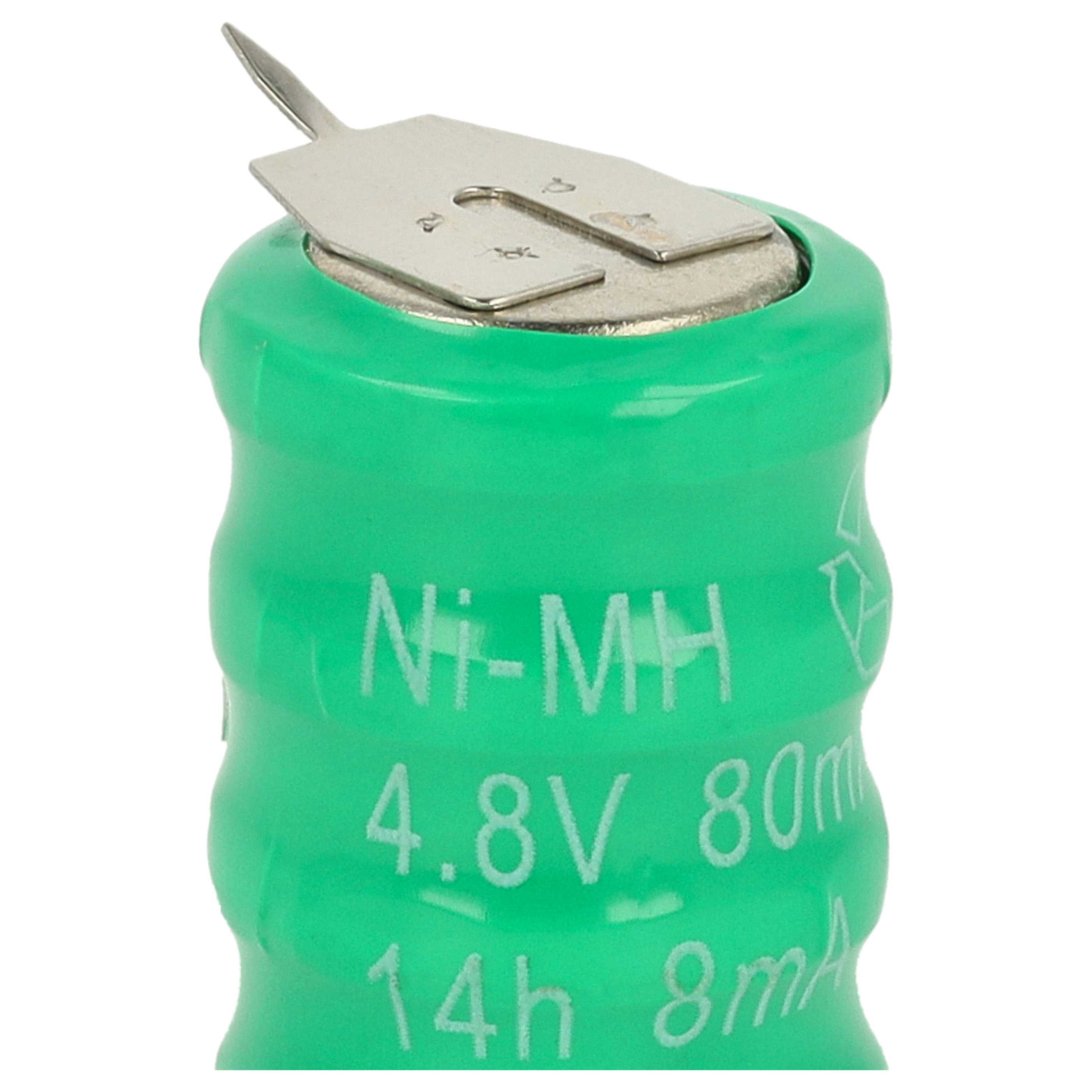 Eine grüne Ni-MH-Batterie mit Metallkontakt. Auf der Batterie steht 'Ni-MH 4,8V 80mA 14h 8mA'.