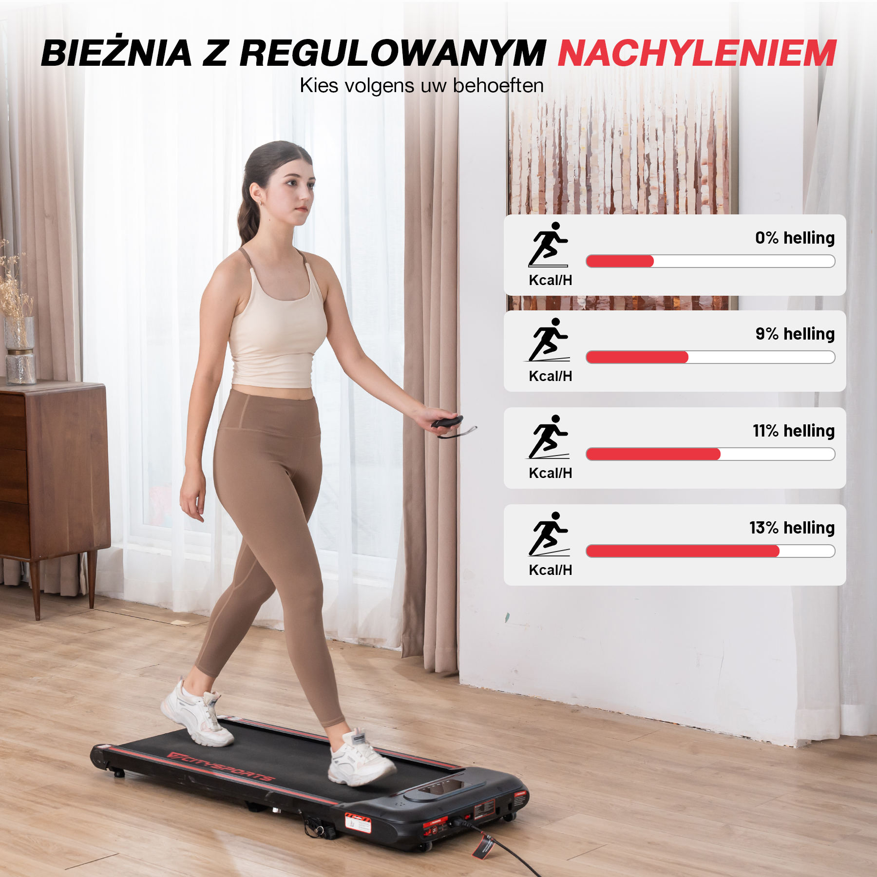 Kobieta na bieżni z wyświetlonymi opcjami nachylenia. Ma na sobie strój do ćwiczeń i idzie powoli.