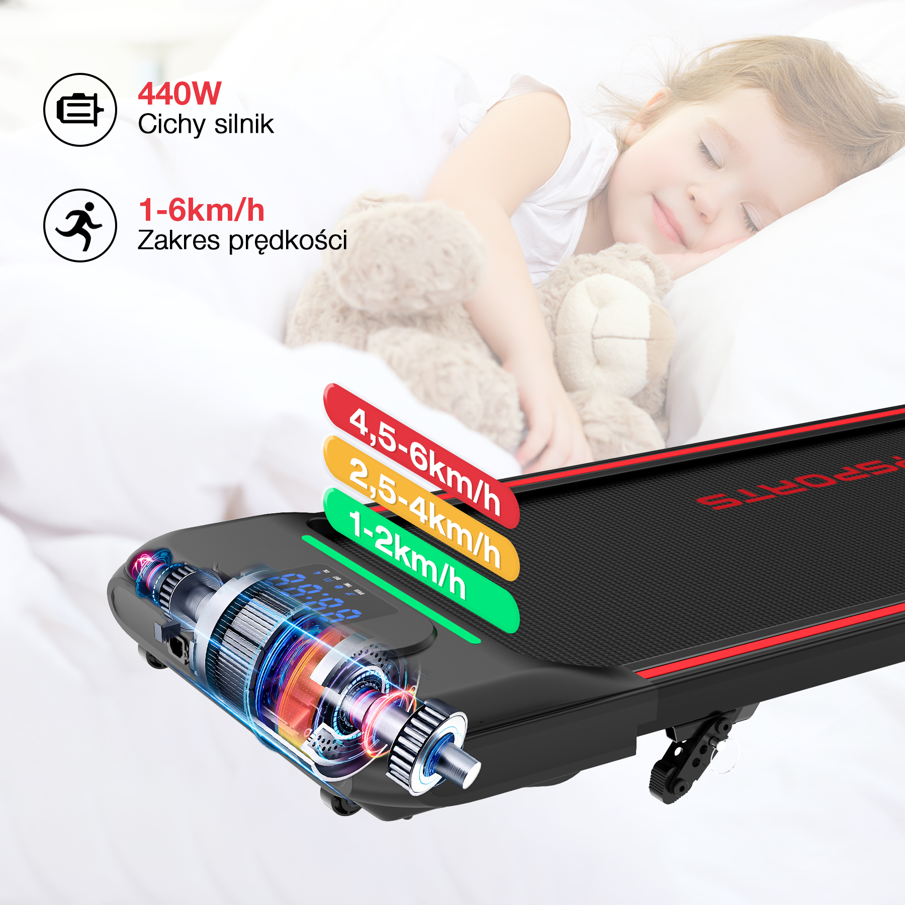 Pokazano bieżnię z poziomami prędkości, z śpiącym dzieckiem w tle. Opcje prędkości: 1-2 km/h, 2,5-4 km/h, 4,5-6 km/h.