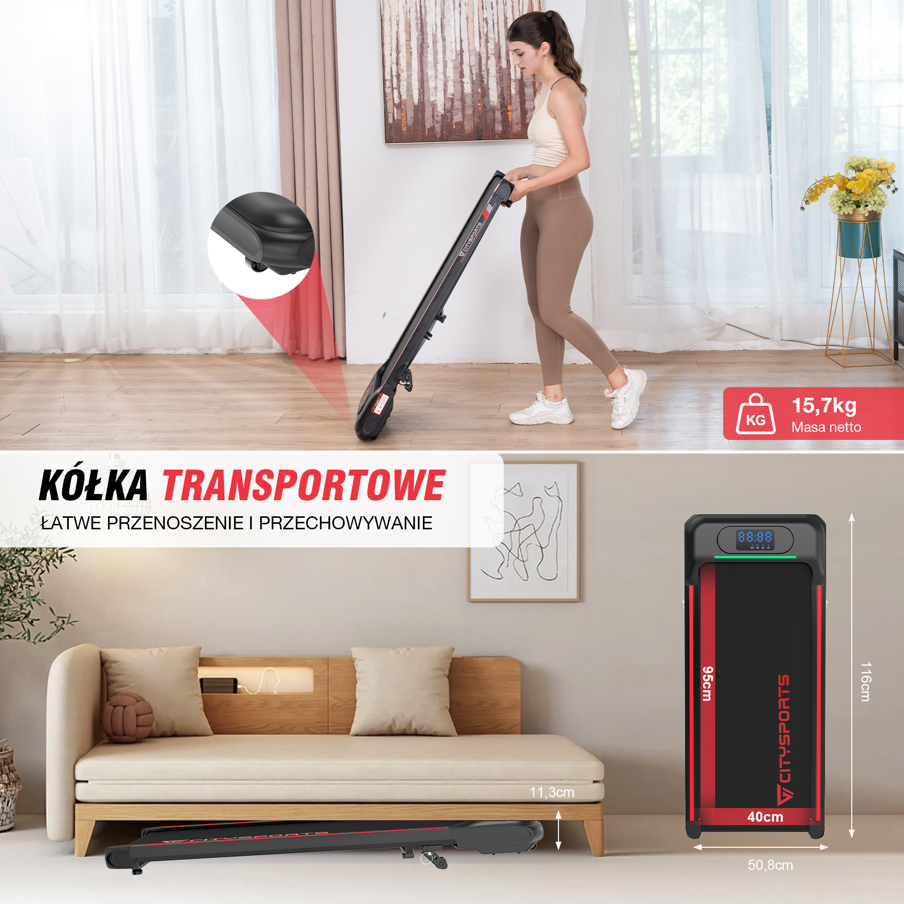 Kobieta używa czarno-czerwonej bieżni. Jest złożona i schowana pod sofą. Pokazano szczegóły bieżni.