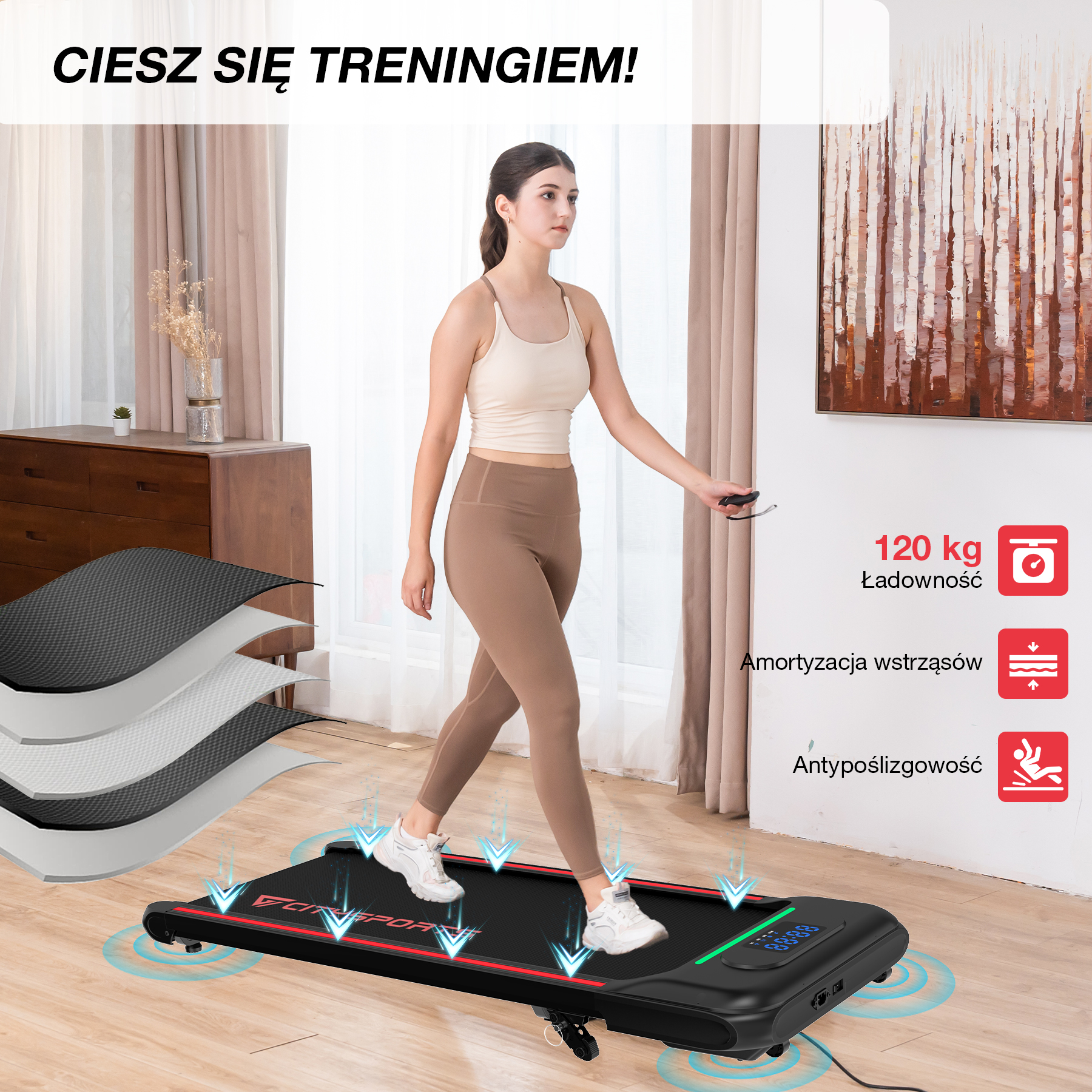 Kobieta chodzi po bieżni. Scena obejmuje drewnianą szafkę, sztukę abstrakcyjną i warstwy materiału bieżni.