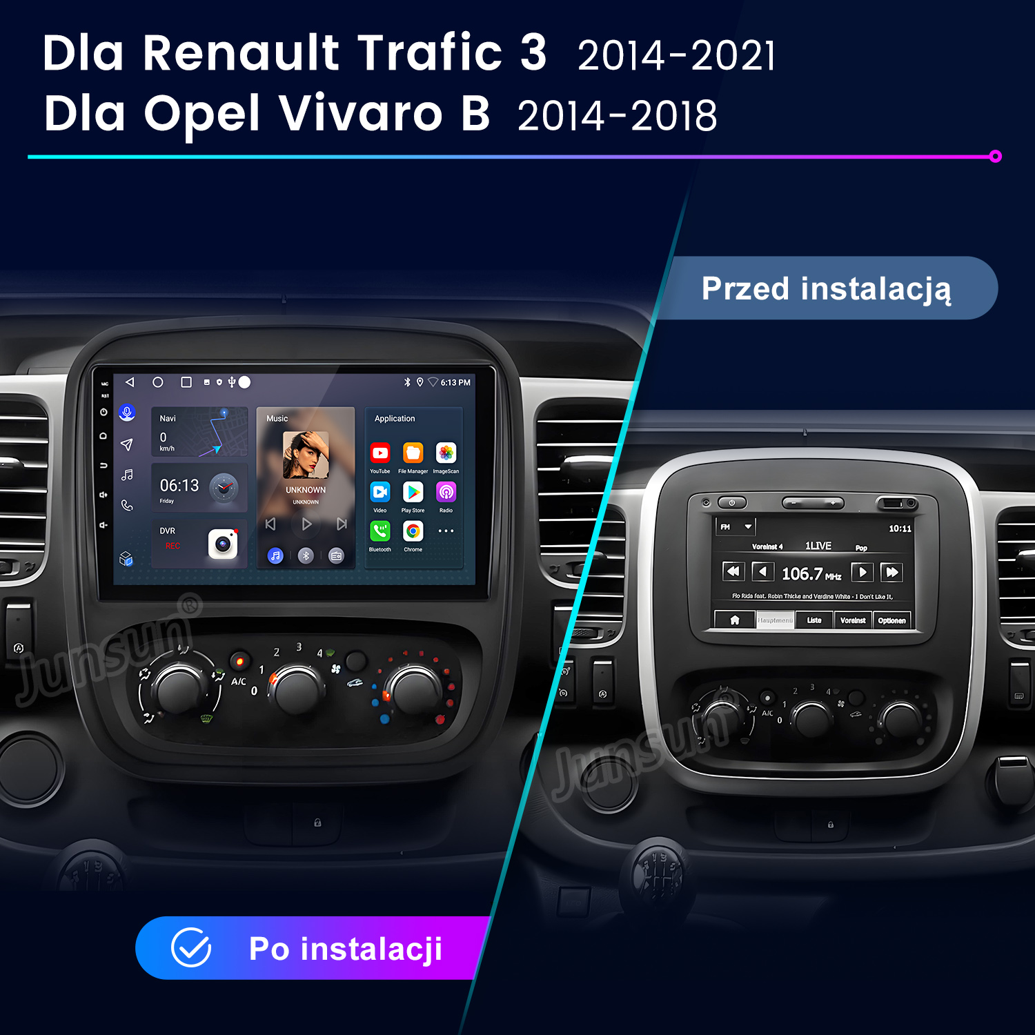Deska rozdzielcza samochodu z dwoma wyświetlaczami. Jeden pokazuje aplikacje i nawigację, drugi sterowanie radiem. Tekst: 'Przed instalacją' i 'Po'.