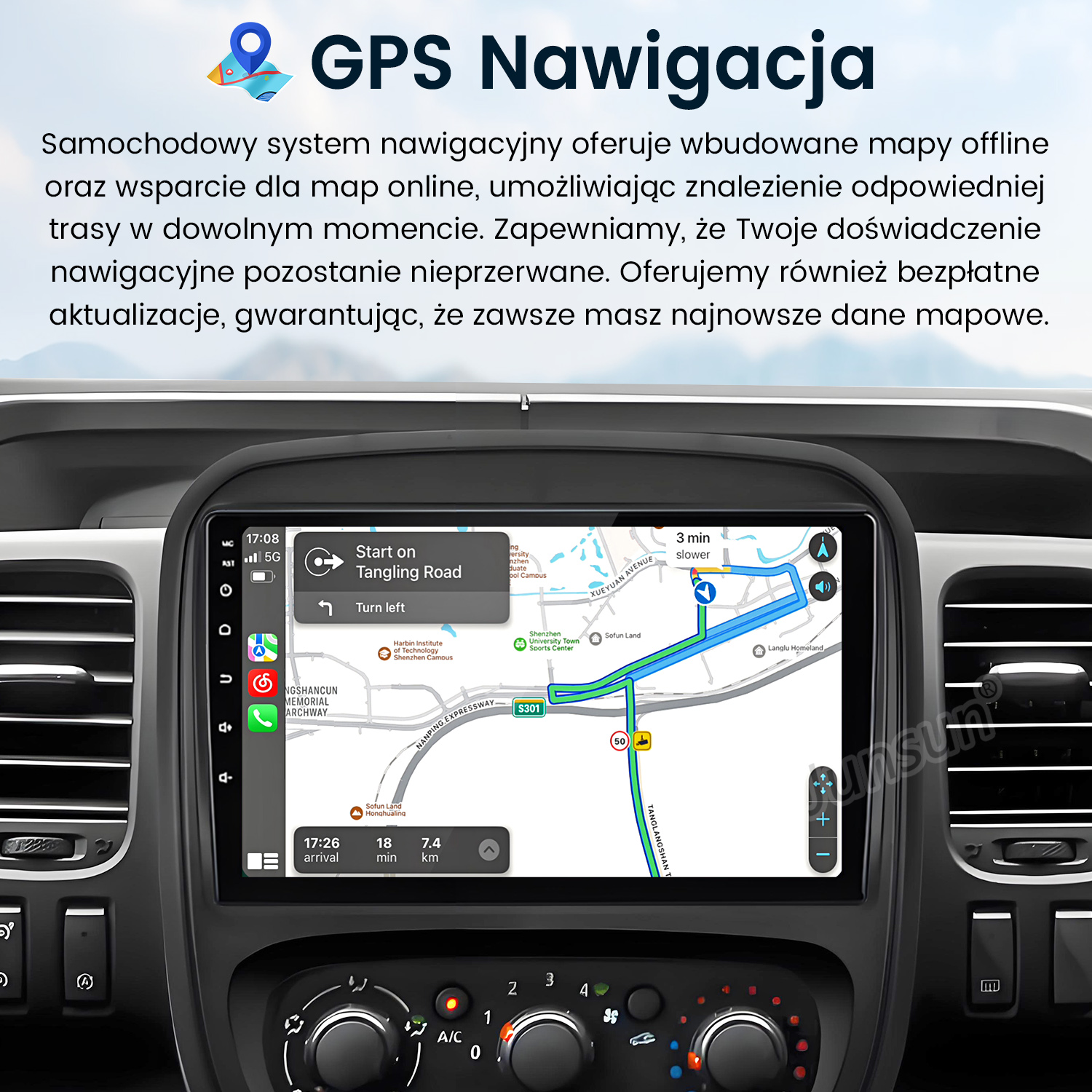 Deska rozdzielcza samochodu z mapą nawigacji, trasą, czasem i odległością. System GPS.
