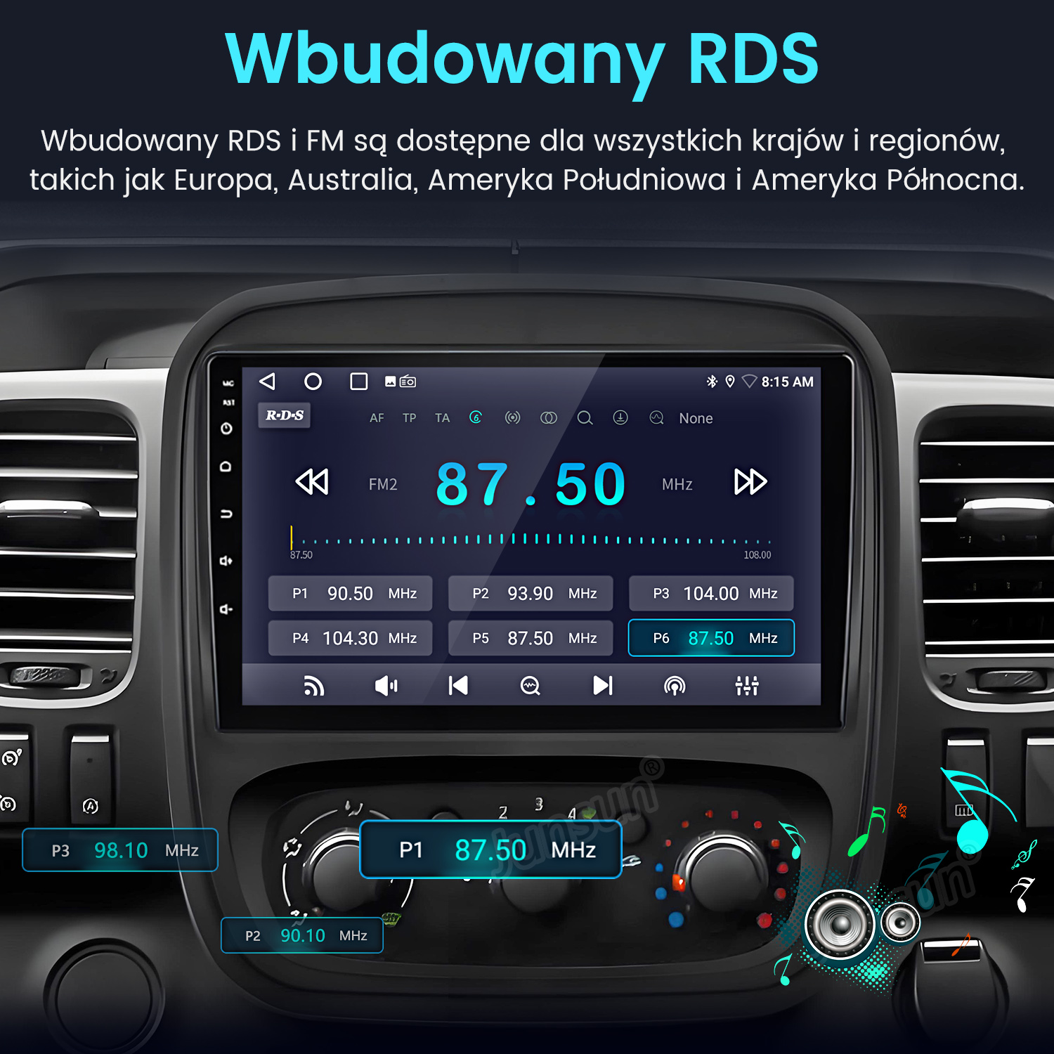 Ekran radia samochodowego wyświetlający częstotliwość radia FM 87,50 MHz. Widoczne są przyciski i pokrętło, z nutami wokół pokrętła.