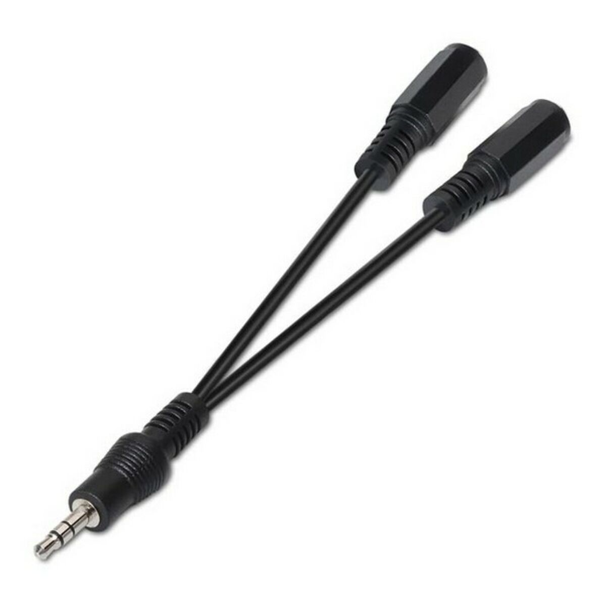 Schwarzes Audio-Splitterkabel. Es hat einen 3,5-mm-Klinkenstecker an einem Ende und zwei 3,5-mm-Klinkenstecker am anderen Ende.