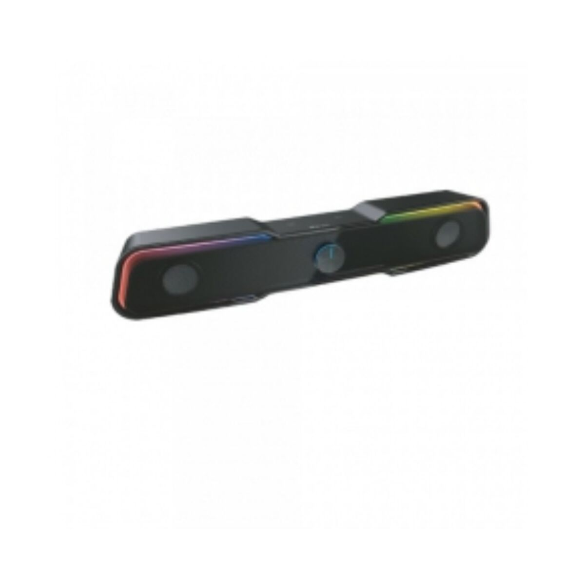Una soundbar nera con due altoparlanti e una manopola di controllo, con luci a LED alle estremità. Su sfondo bianco.
