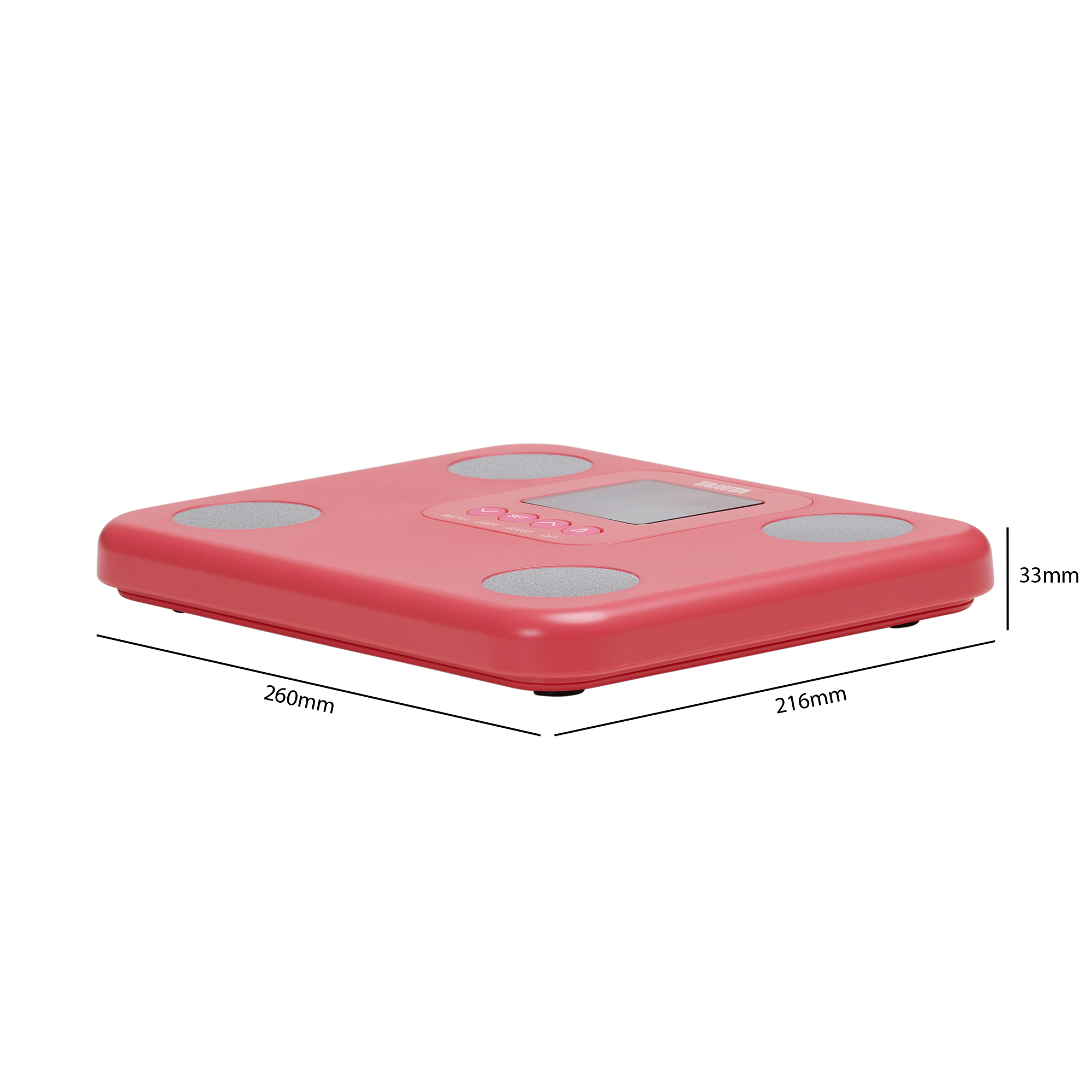 Een rode personenweegschaal met een digitaal display en knoppen. Het heeft vier grijze voetpads en een zwarte basis.