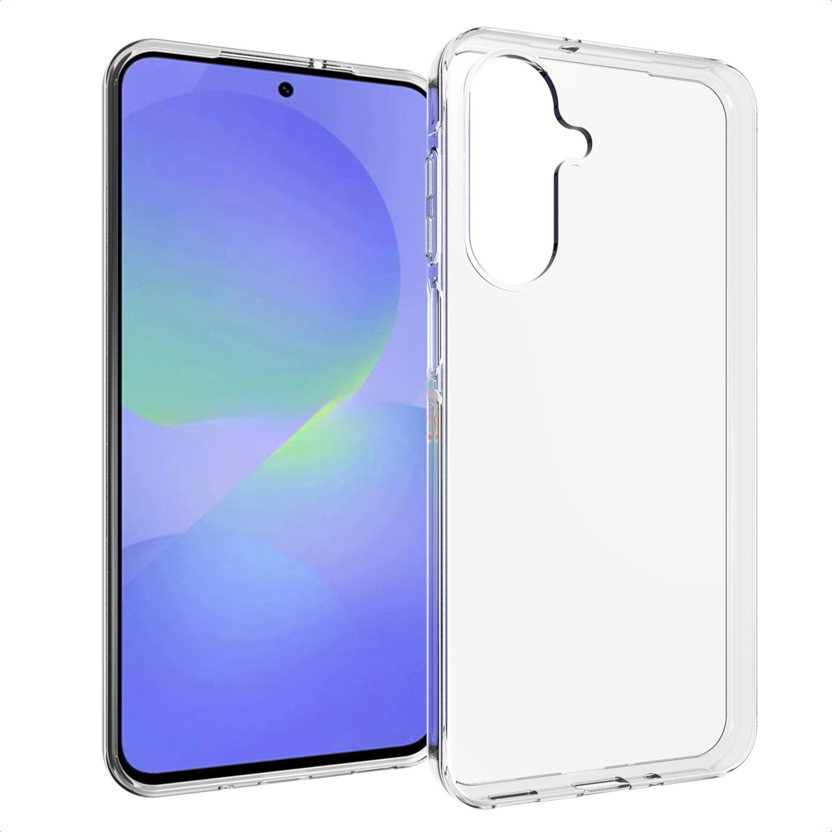 Una custodia trasparente per telefono accanto a un telefono con schermo blu e verde. La custodia è trasparente e delinea la forma del telefono.