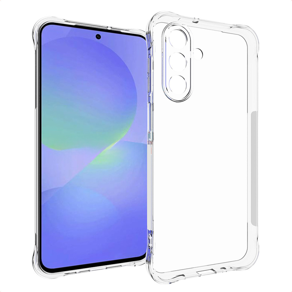 Een doorzichtige telefoonhoes naast een smartphone. De telefoon toont een blauw-groene gradiënt. De hoes heeft uitsparingen voor camera en knoppen.