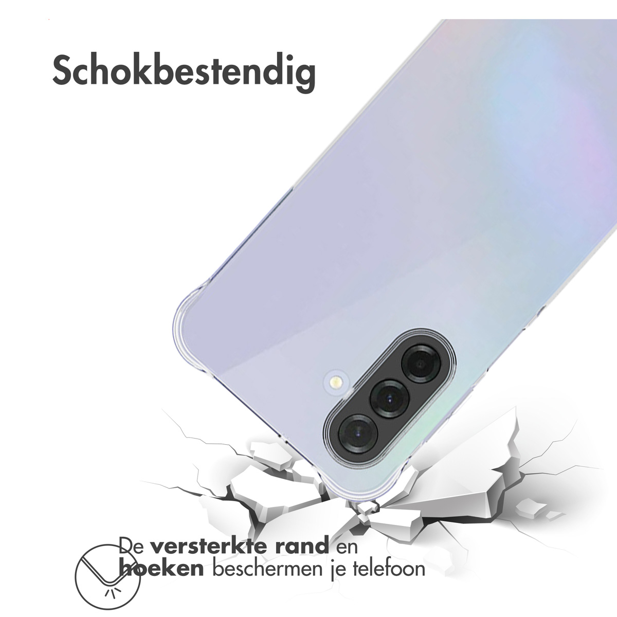 Een telefoon met een doorzichtige hoes breekt beton. De tekst luidt 'Schokbestendig' en 'De versterkte rand en hoeken beschermen je telefoon'.