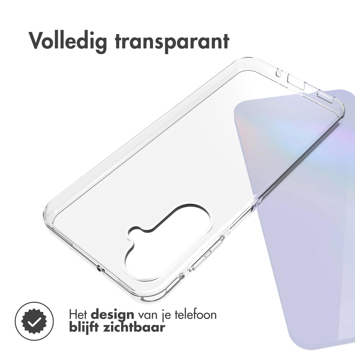 È mostrata una custodia trasparente per telefono, leggermente angolata, con testo sopra e sotto. Il design del telefono rimane visibile.