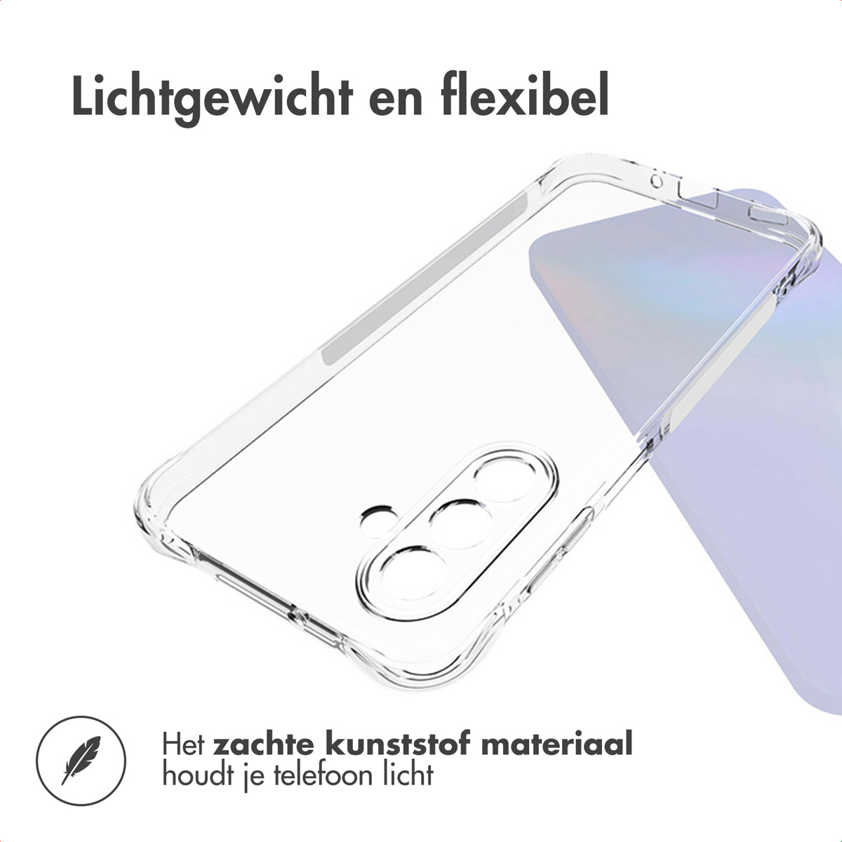 Transparante telefoonhoes met tekst. Veer-icoon en tekst: 'Het zachte kunststof materiaal houdt je telefoon licht'.