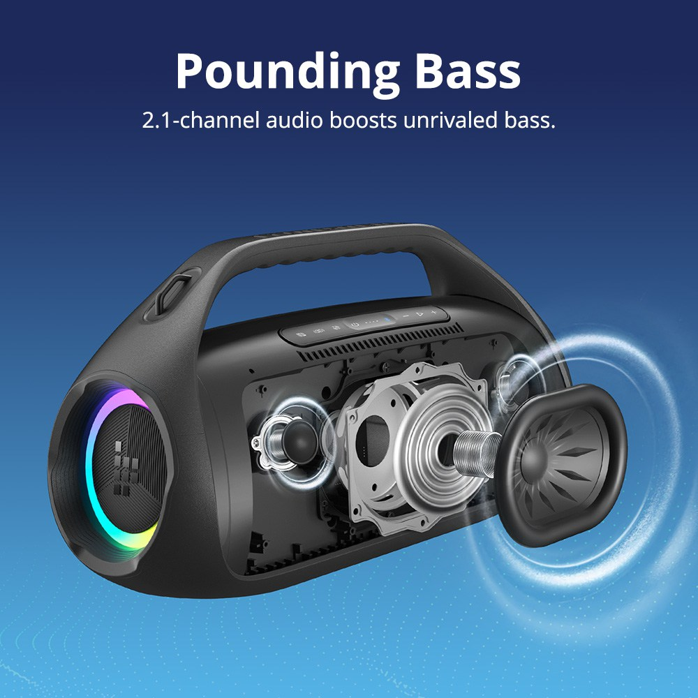 Schwarzer Lautsprecher mit freiliegenden internen Komponenten. Regenbogenfarbener Lautsprecher. Blauer Hintergrund. Text: Pounding Bass, 2.1-Kanal-Audio verstärkt unvergleichlichen Bass.
