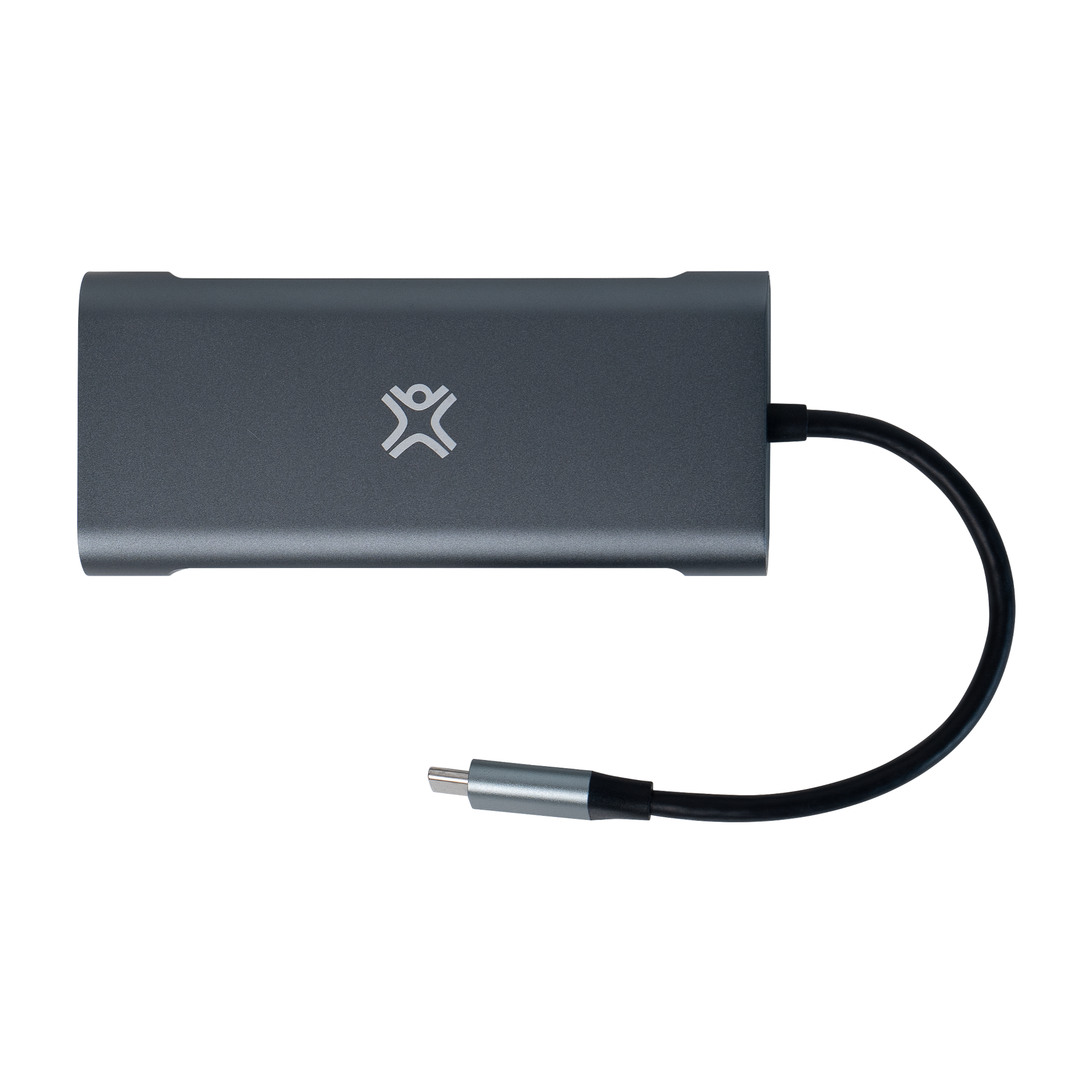 Een grijze USB-hub met een logo en een zwarte kabel die naar rechts loopt. De achtergrond is een gestreept patroon.