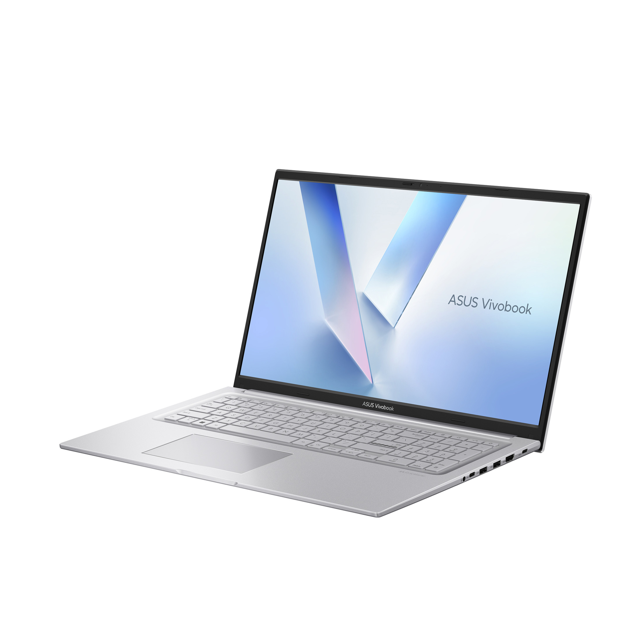 Silberner ASUS Vivobook Laptop nach links angewinkelt. Der Bildschirm zeigt ein blaues und weißes abstraktes Design.